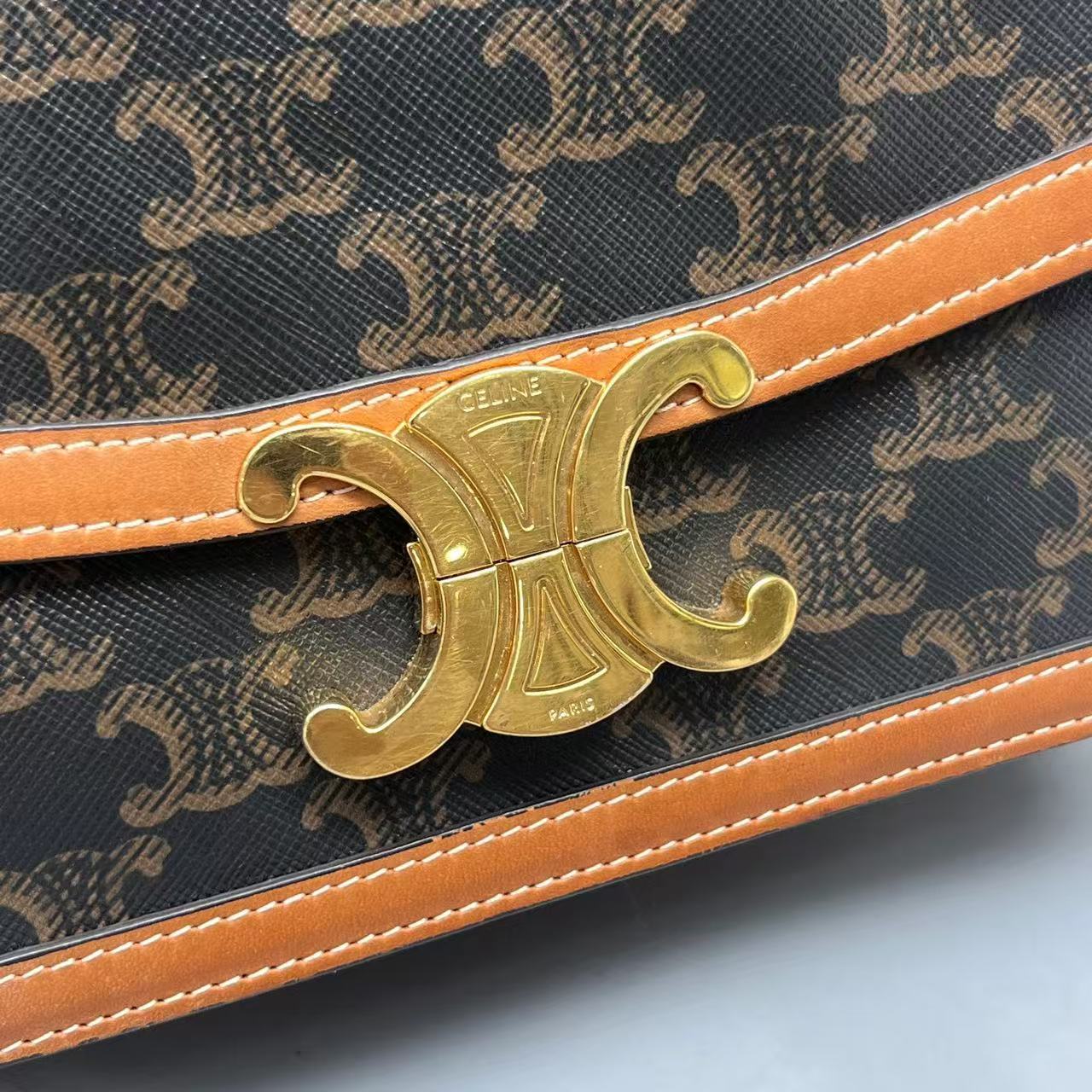 Celine - Teen Triomphe Box Bag - Triomphe Canvas with Calfskin Leather Trim - Brown with Tan Trim and Gold-Tone Hardware - (mini)