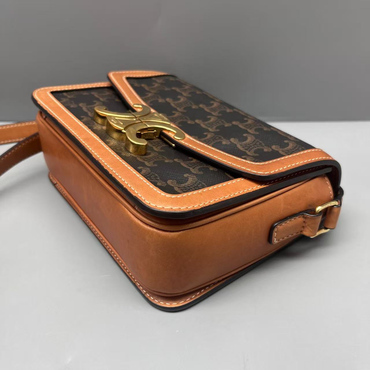 Celine - Teen Triomphe Box Bag - Triomphe Canvas with Calfskin Leather Trim - Brown with Tan Trim and Gold-Tone Hardware - (mini)