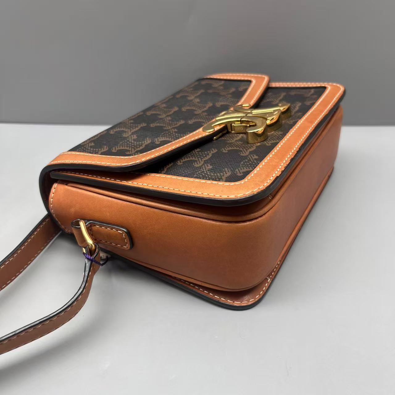Celine - Teen Triomphe Box Bag - Triomphe Canvas with Calfskin Leather Trim - Brown with Tan Trim and Gold-Tone Hardware - (mini)
