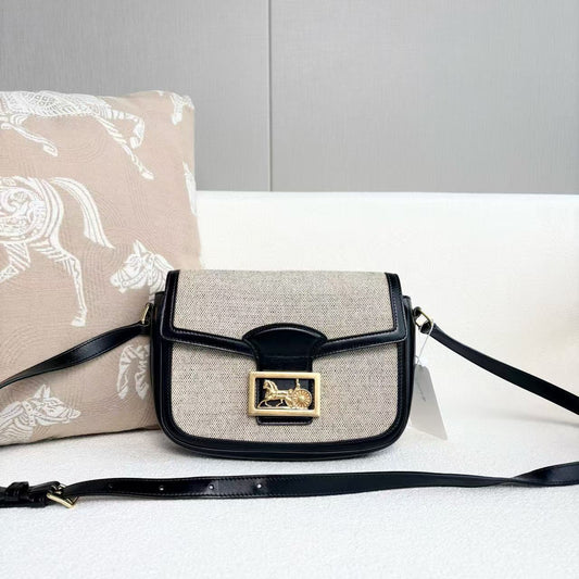 Celine - Triomphe Bag - Linen and Leather - Beige and Black with Gold-Tone Hardware - (small)
