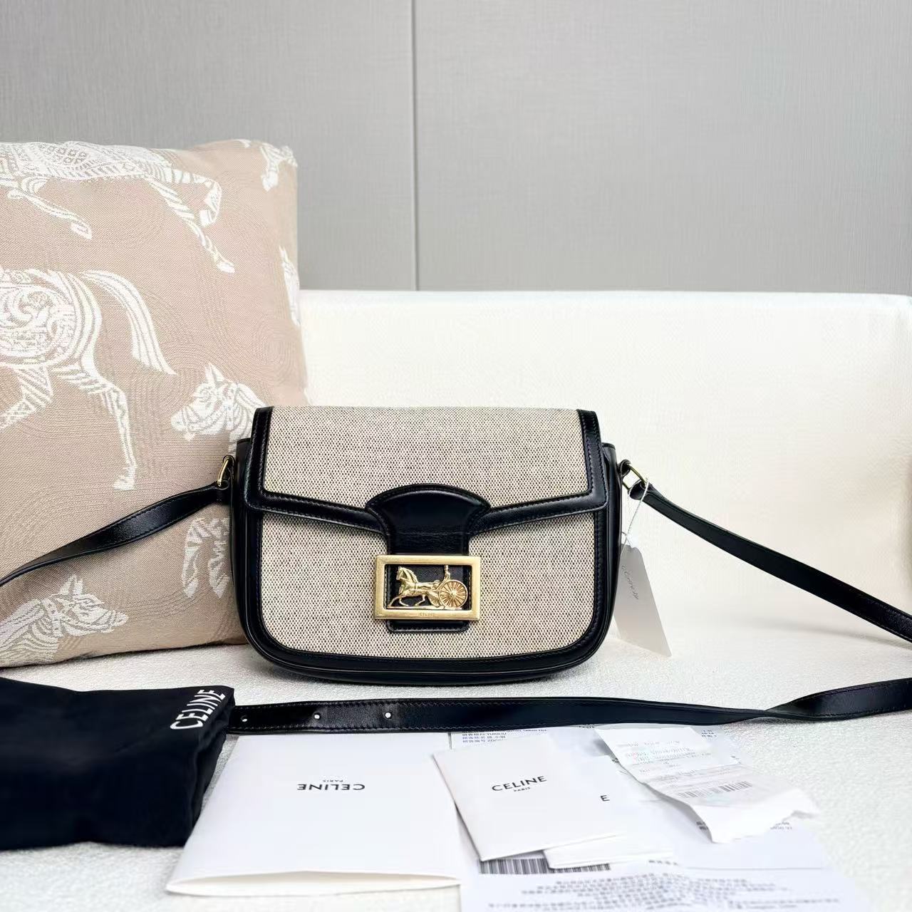 Celine - Triomphe Bag - Linen and Leather - Beige and Black with Gold-Tone Hardware - (small)