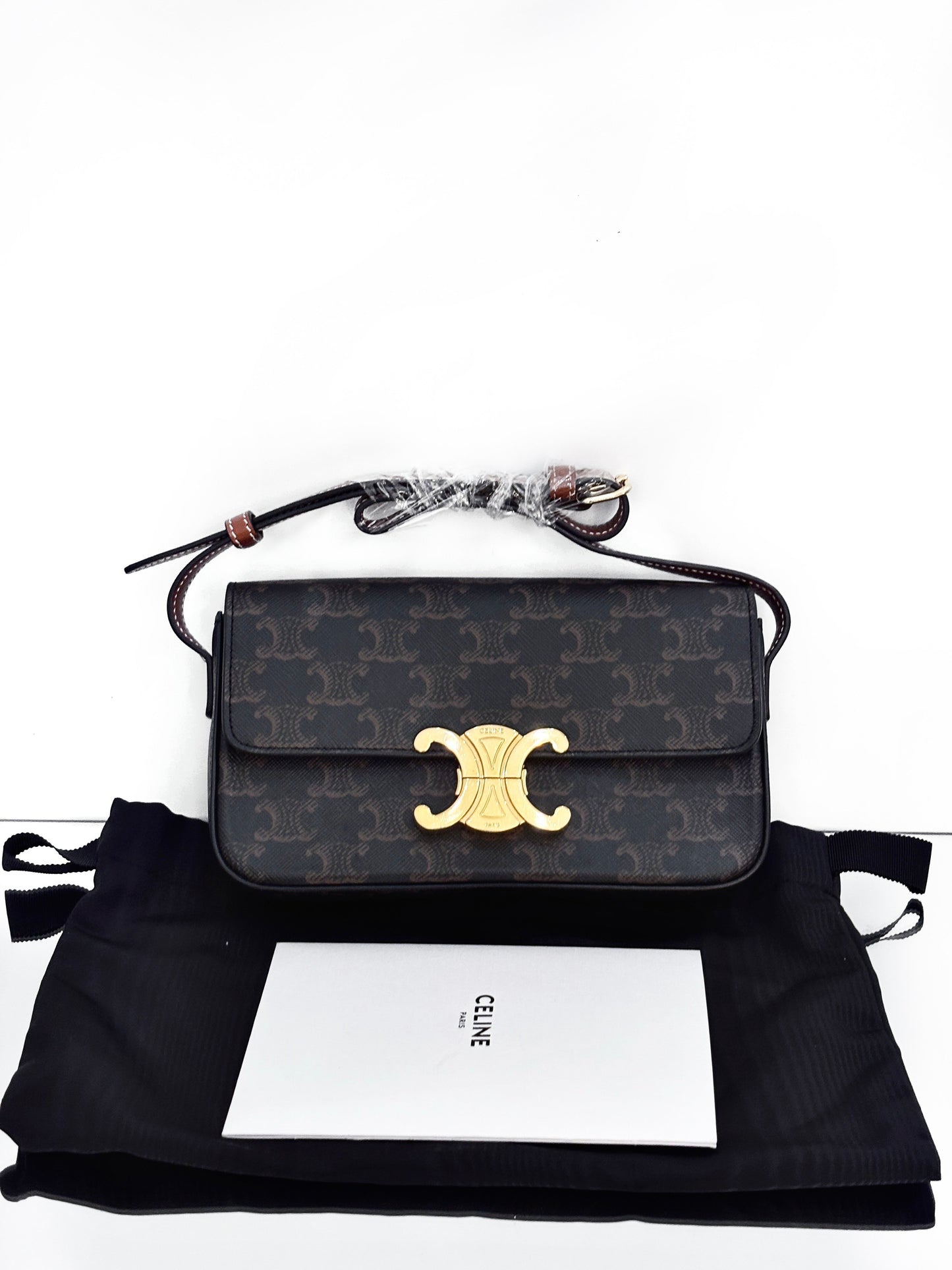 Celine - Triomphe Bag - Triomphe monogrammed canvas with calfskin leather trim - Brown - (mini)