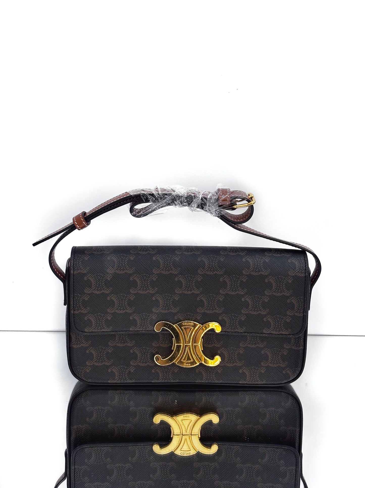 Celine - Triomphe Bag - Triomphe monogrammed canvas with calfskin leather trim - Brown - (mini)