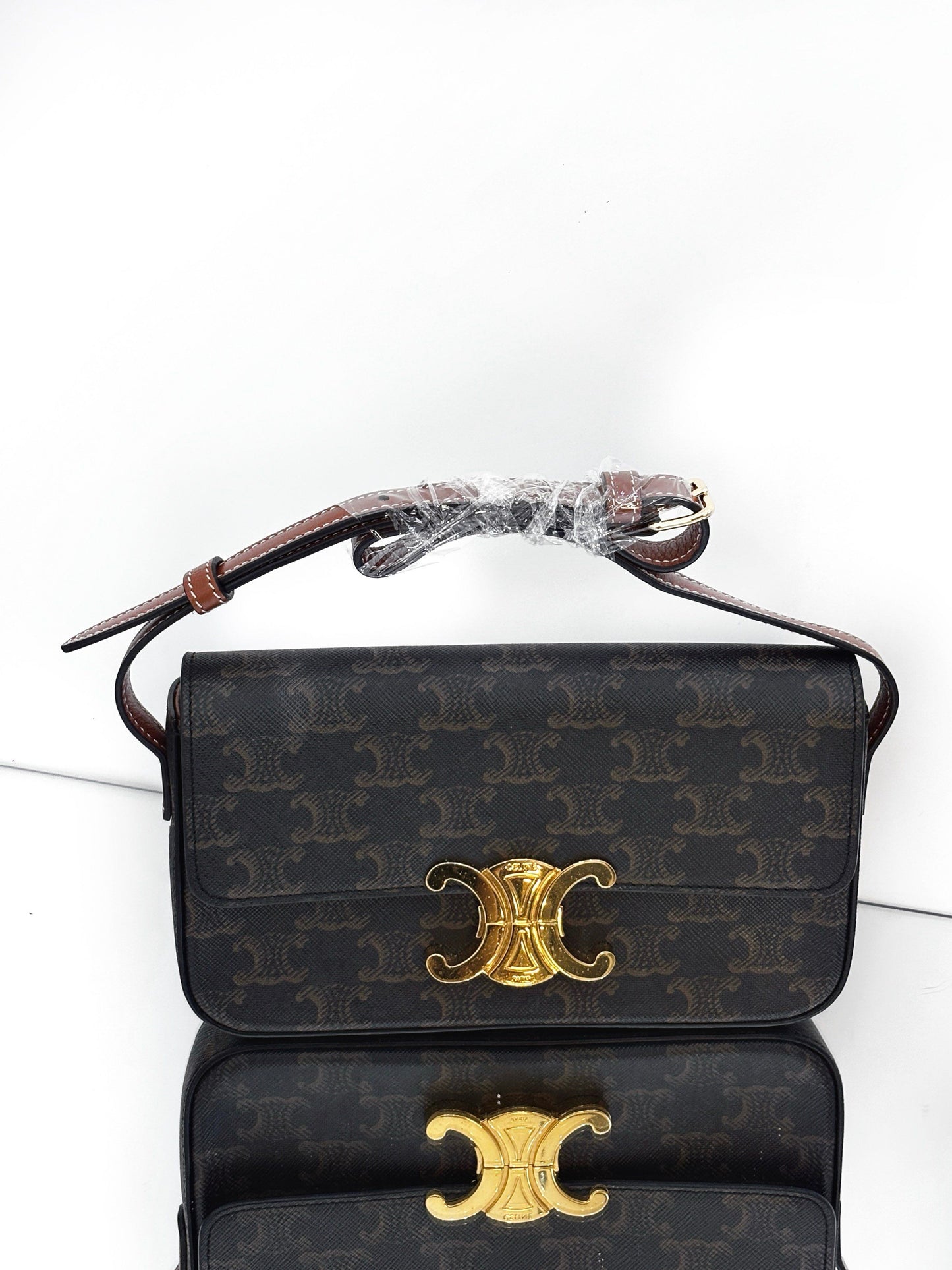 Celine - Triomphe Bag - Triomphe monogrammed canvas with calfskin leather trim - Brown - (mini)
