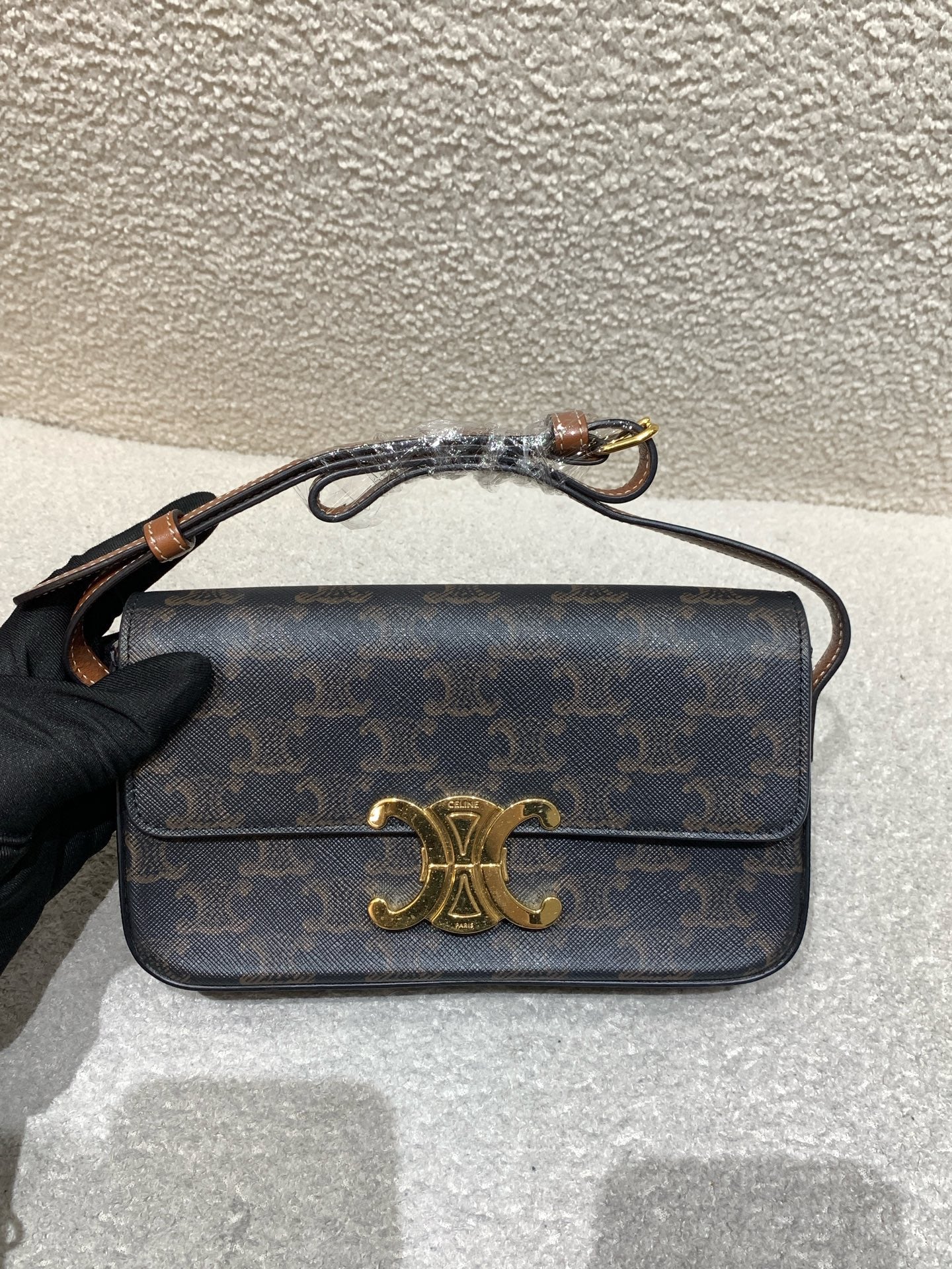 Celine - Triomphe Bag - Triomphe monogrammed canvas with calfskin leather trim - Brown - (mini)