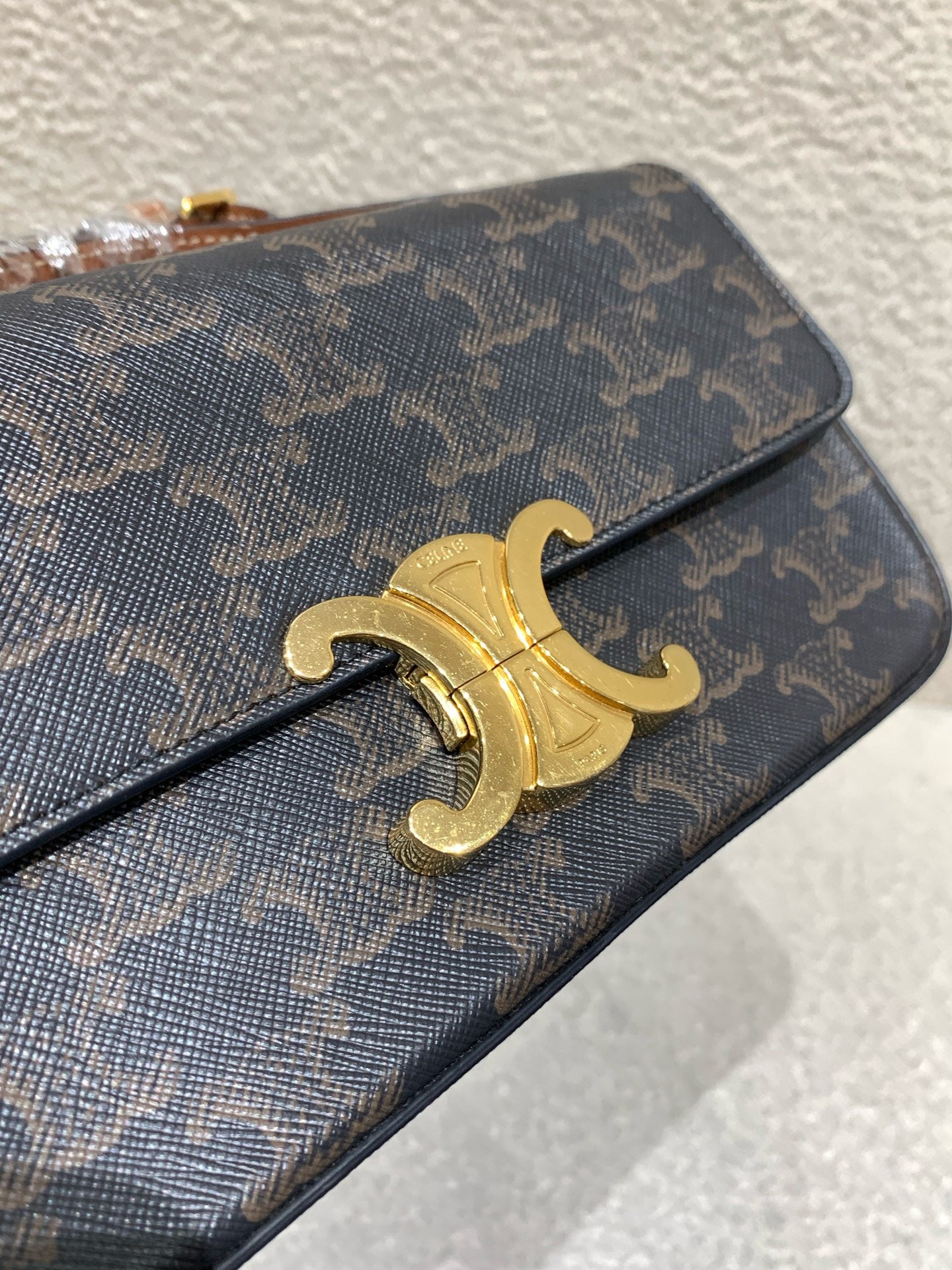 Celine - Triomphe Bag - Triomphe monogrammed canvas with calfskin leather trim - Brown - (mini)