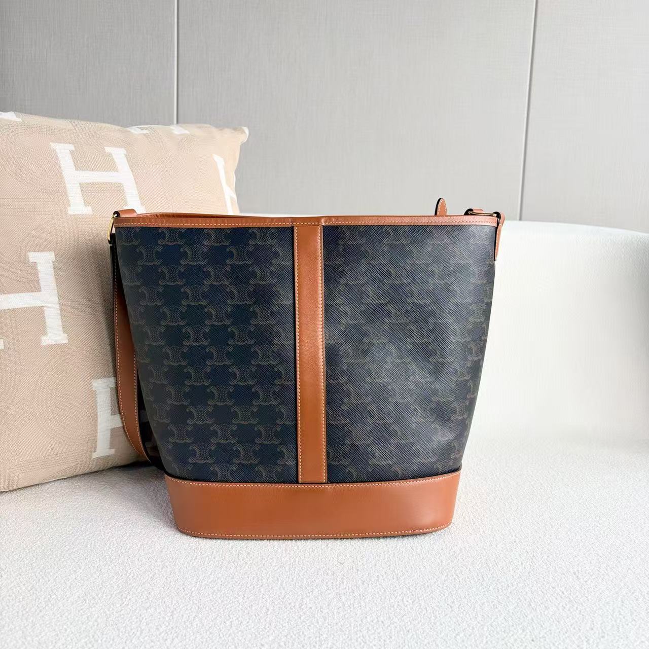 Celine - Triomphe Bucket Bag - Coated canvas with leather trim - Brown - (Medium)