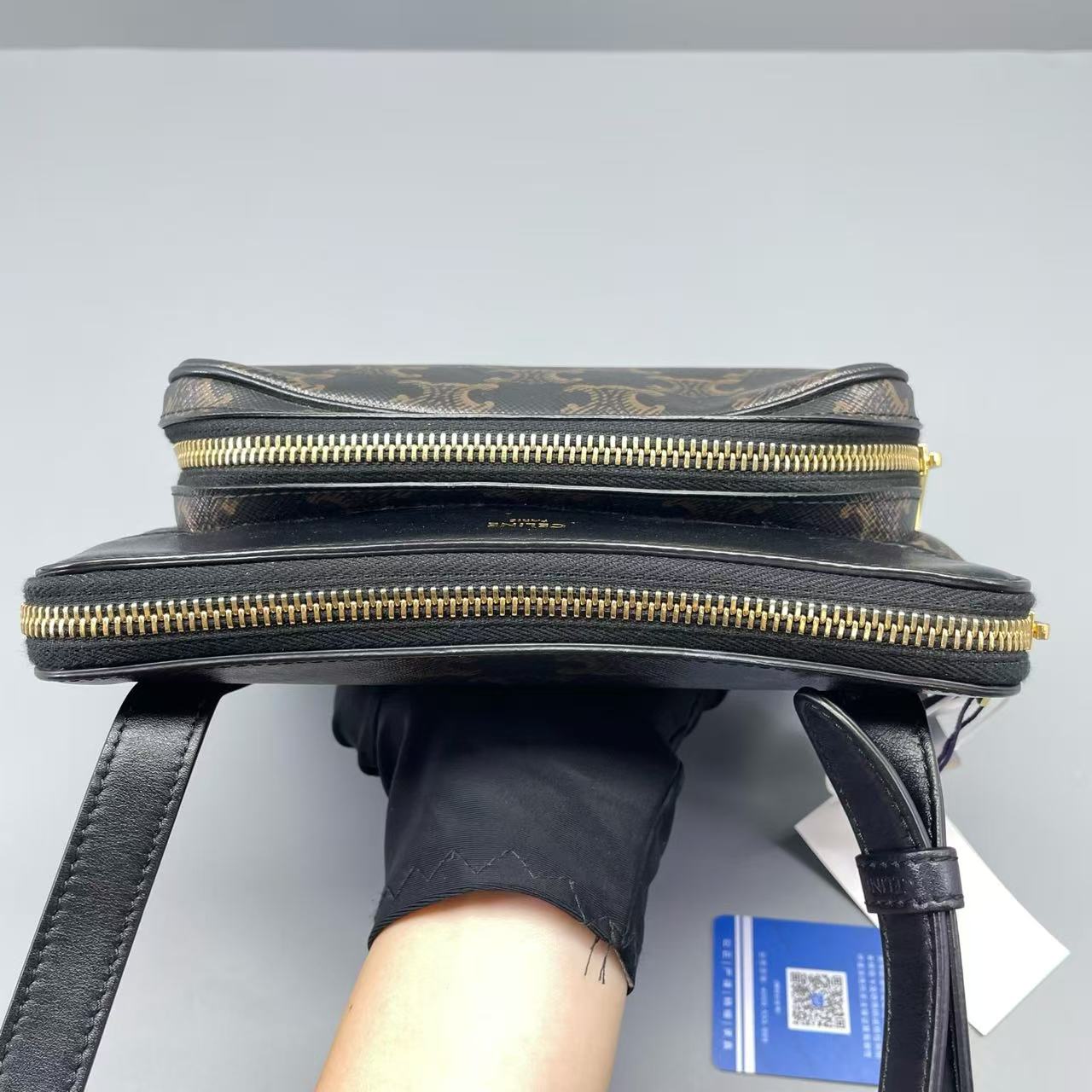 Celine - Triomphe Canvas Camera Bag - Triomphe canvas with calfskin leather trim - Brown Triomphe canvas with black leather trim and gold-tone hardware - (small)
