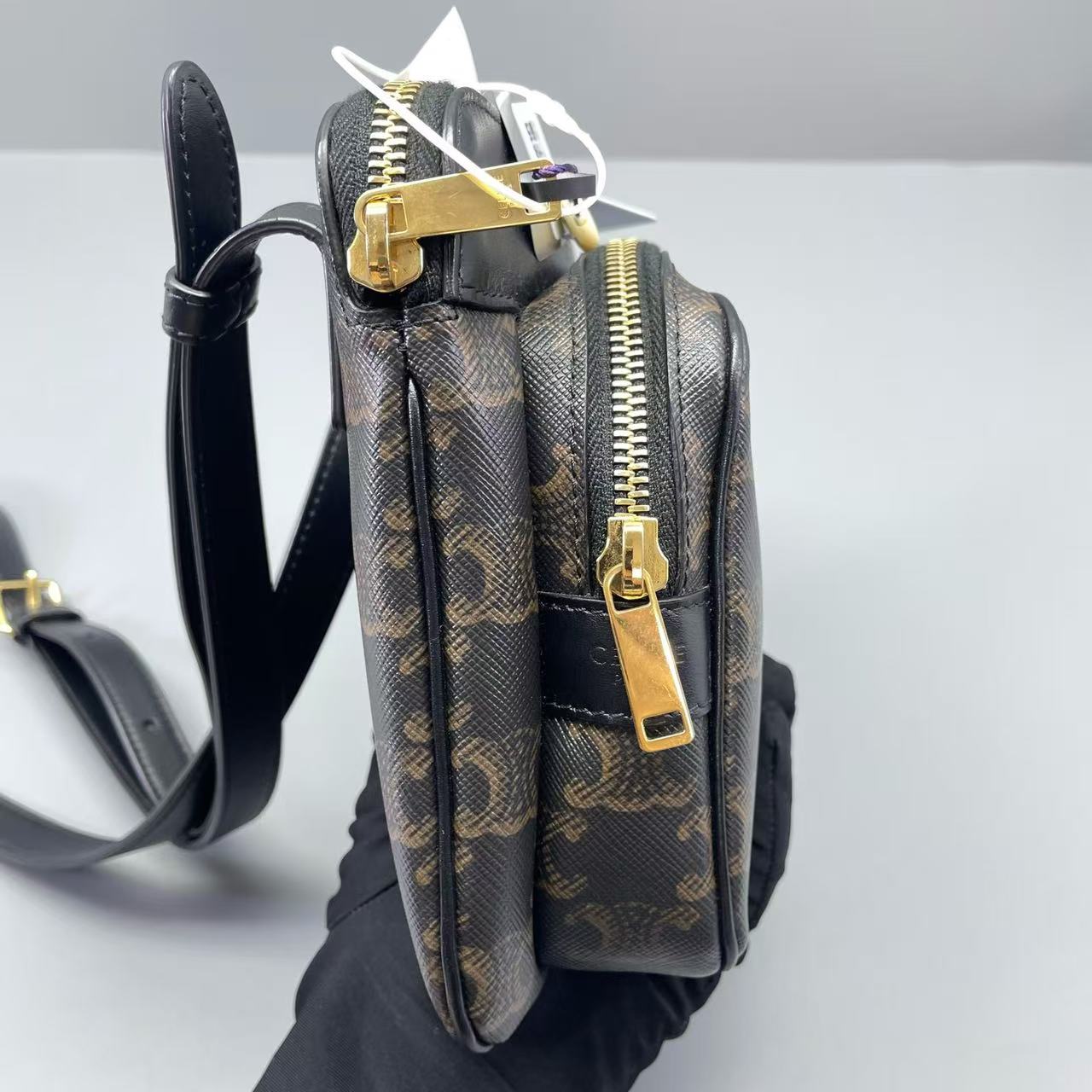 Celine - Triomphe Canvas Camera Bag - Triomphe canvas with calfskin leather trim - Brown Triomphe canvas with black leather trim and gold-tone hardware - (small)