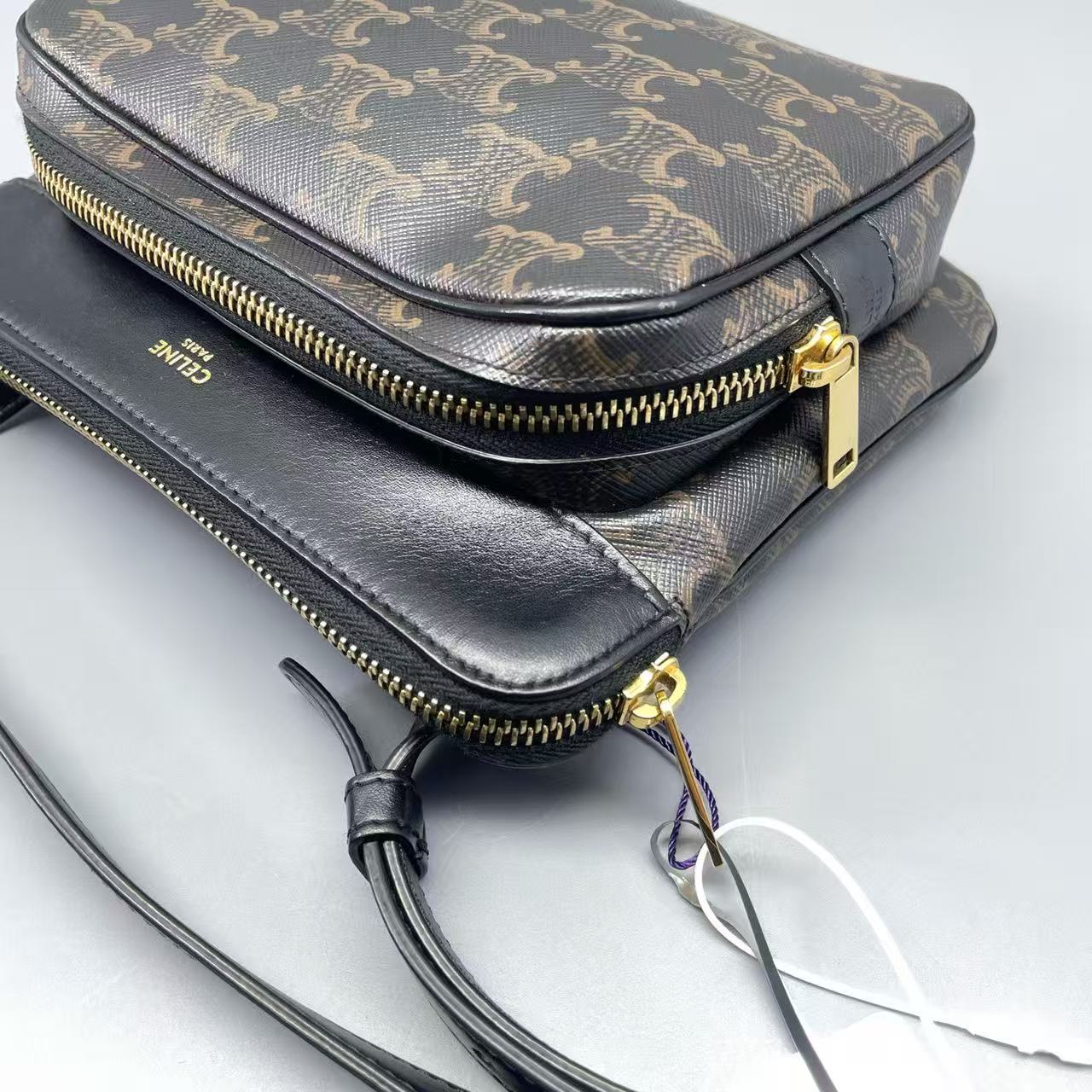 Celine - Triomphe Canvas Camera Bag - Triomphe canvas with calfskin leather trim - Brown Triomphe canvas with black leather trim and gold-tone hardware - (small)