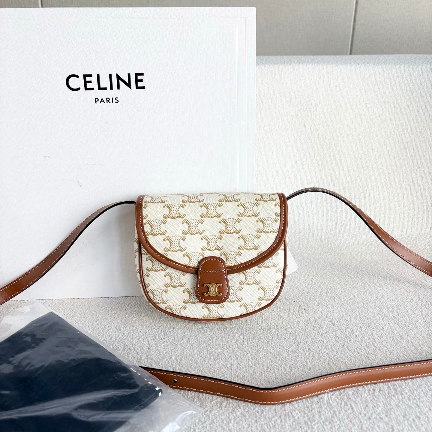 Celine - Triomphe Canvas Mini Saddle Bag - Triomphe canvas with calfskin leather trim - Beige with Brown accents - (mini)