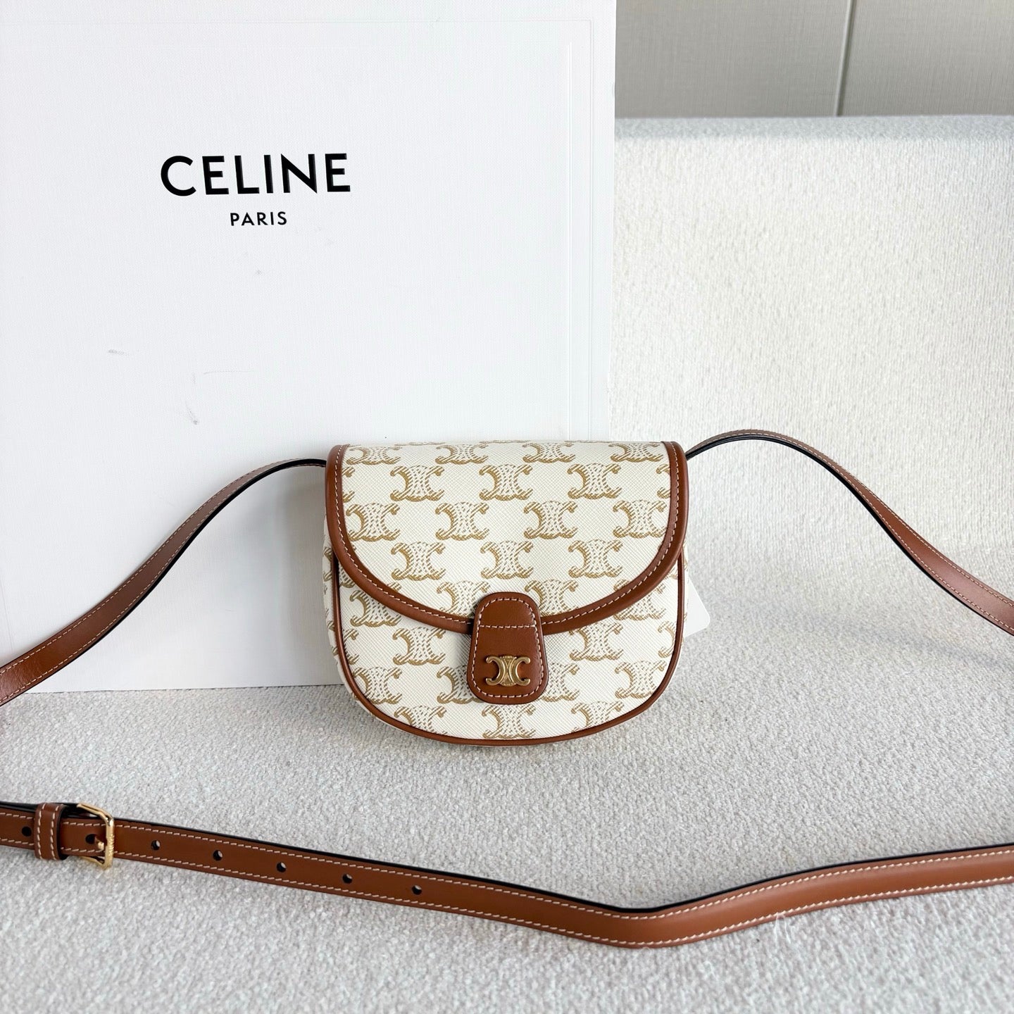 Celine - Triomphe Canvas Mini Saddle Bag - Triomphe canvas with calfskin leather trim - Beige with Brown accents - (mini)