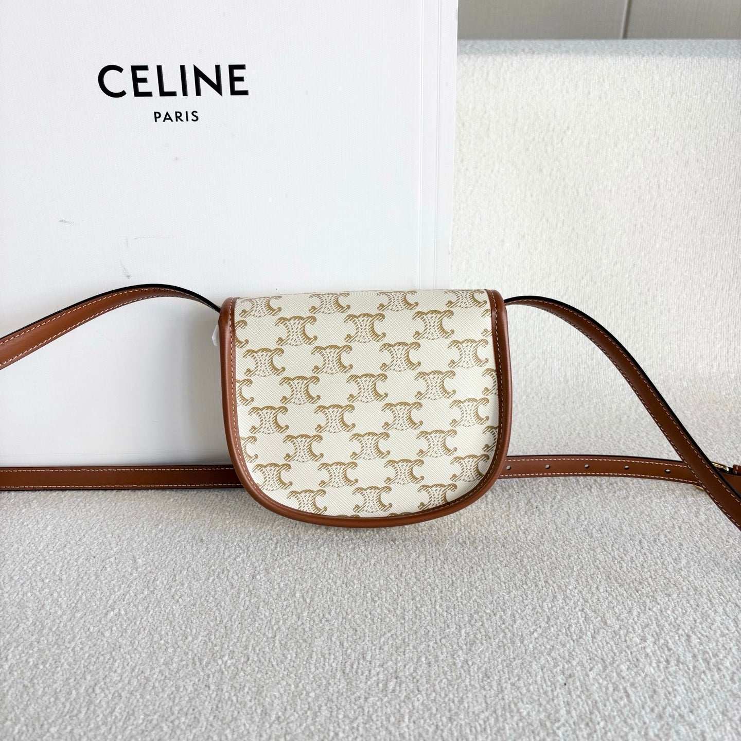 Celine - Triomphe Canvas Mini Saddle Bag - Triomphe canvas with calfskin leather trim - Beige with Brown accents - (mini)