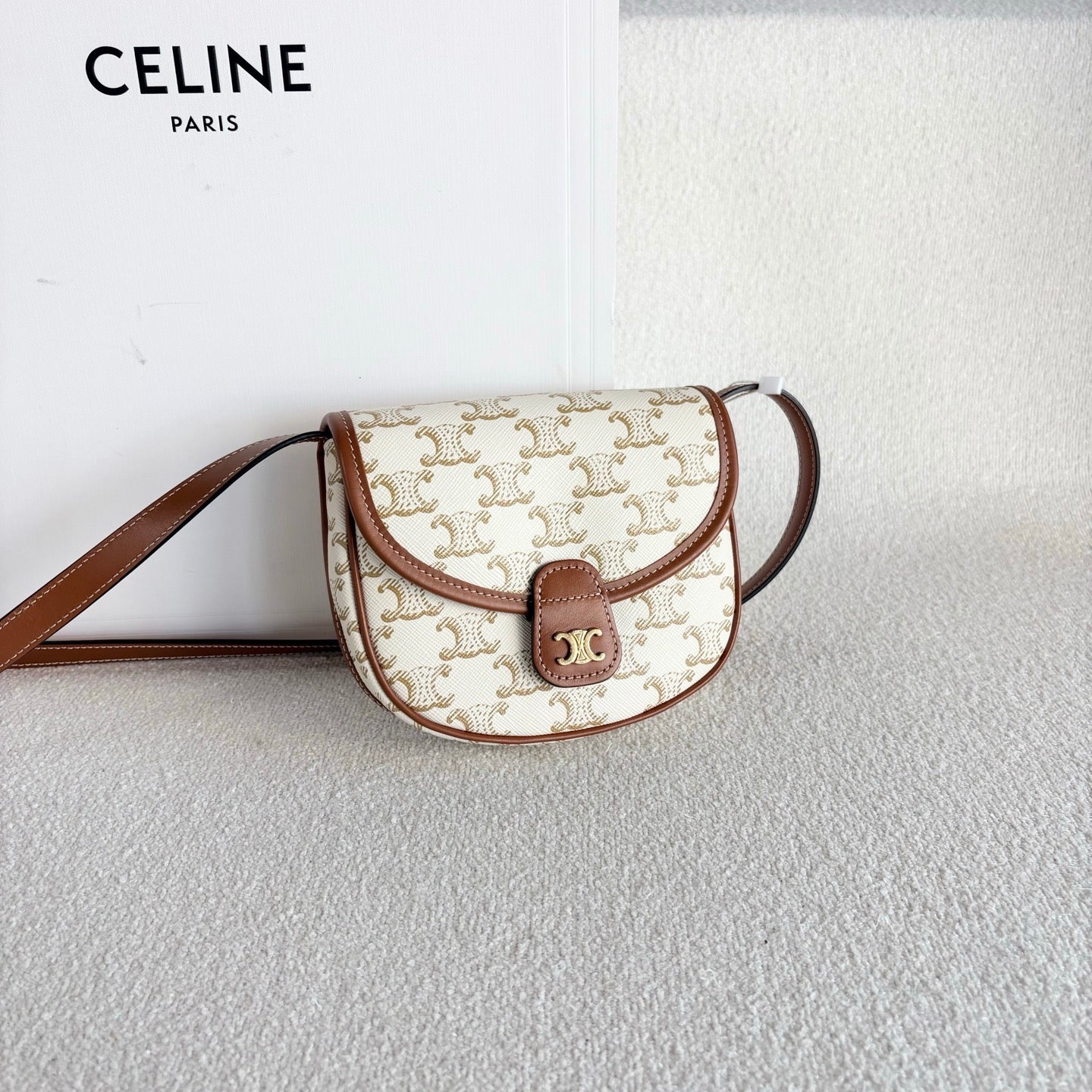 Celine - Triomphe Canvas Mini Saddle Bag - Triomphe canvas with calfskin leather trim - Beige with Brown accents - (mini)