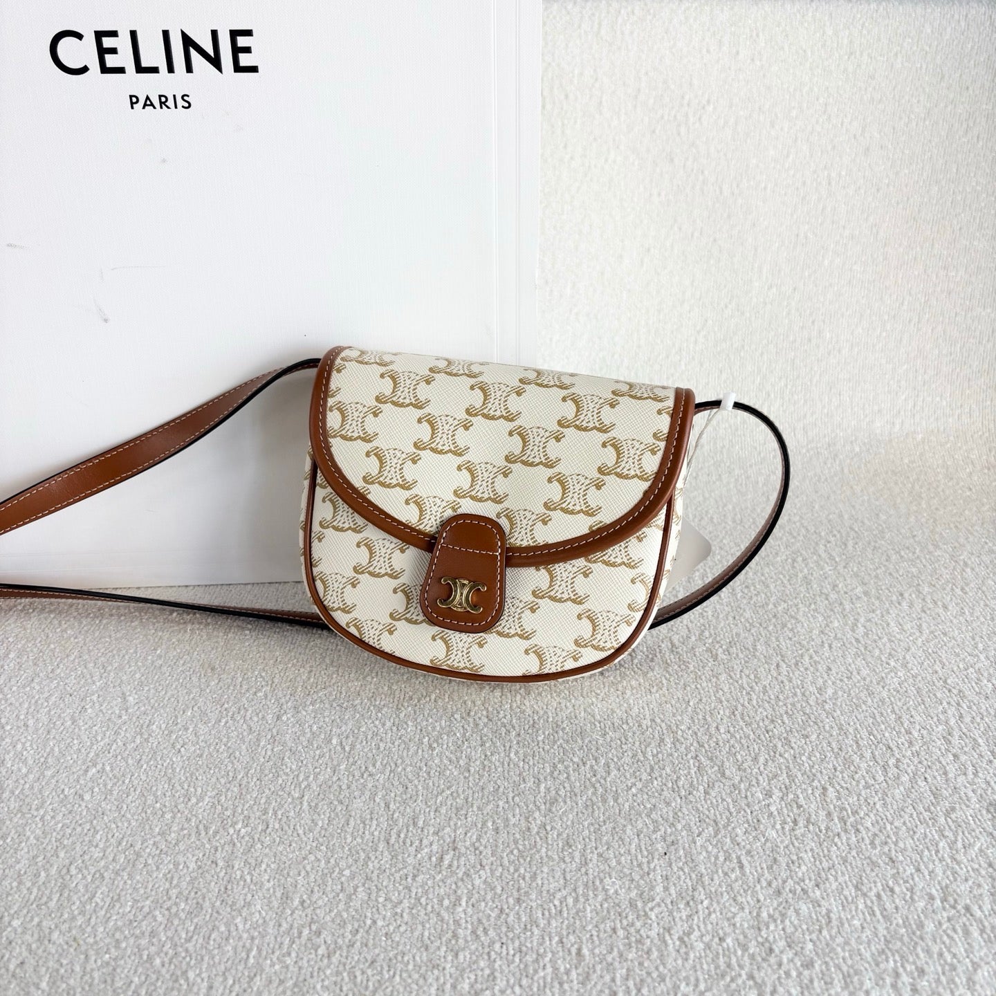 Celine - Triomphe Canvas Mini Saddle Bag - Triomphe canvas with calfskin leather trim - Beige with Brown accents - (mini)