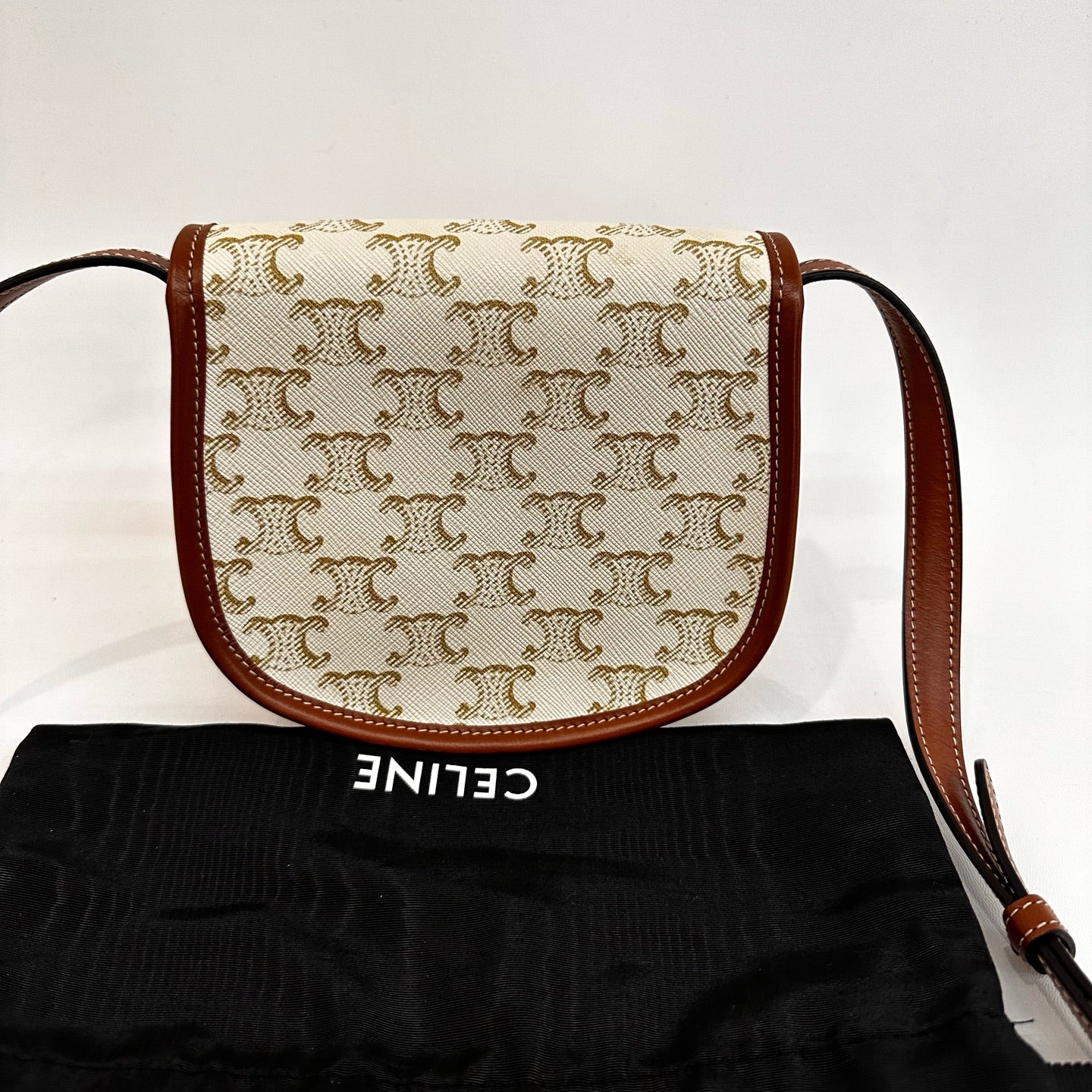 Celine - Triomphe Canvas Mini Saddle Crossbody Bag - Coated Triomphe canvas with smooth leather trim - Beige and Brown - (Mini)