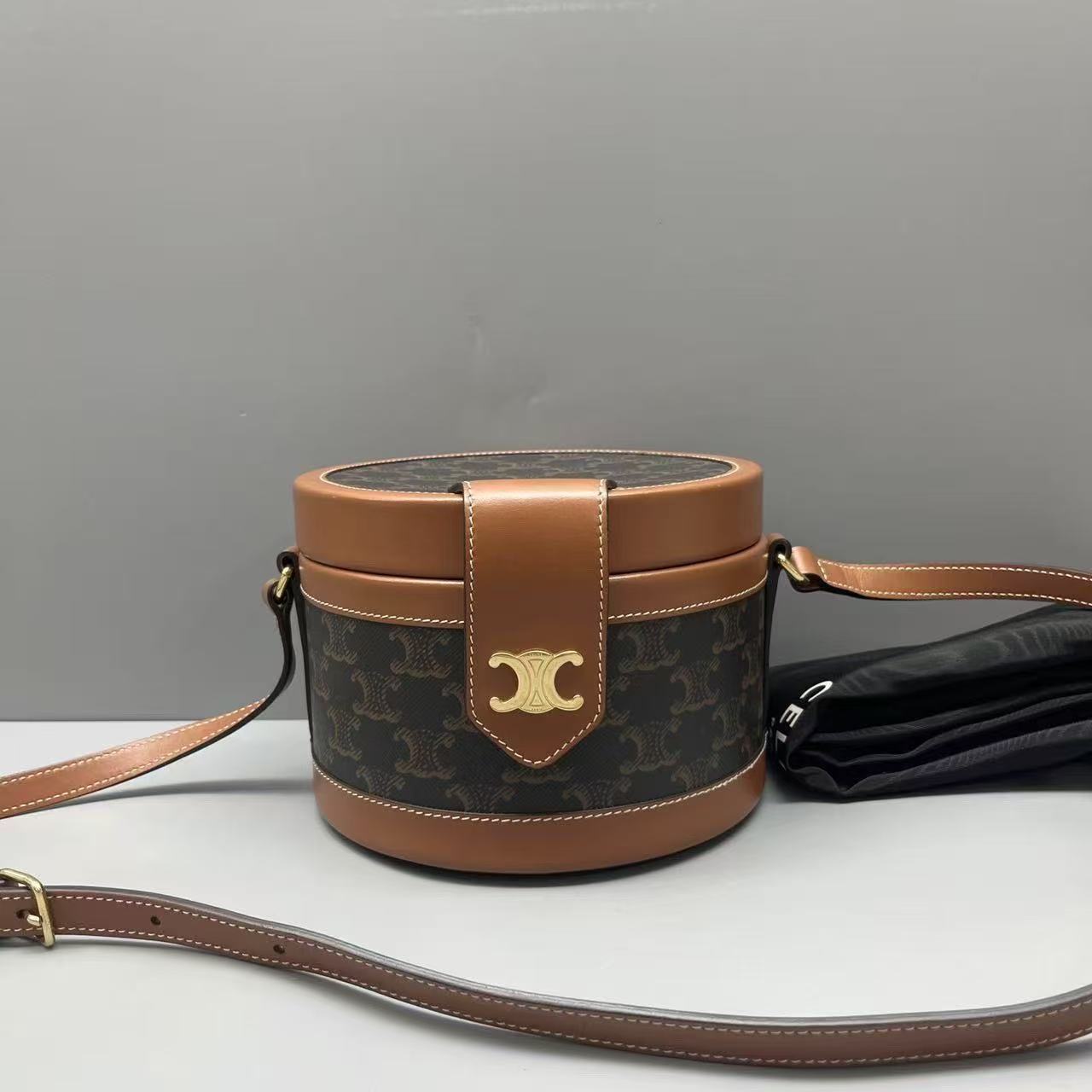 Celine - Triomphe Canvas Round Box Bag - Triomphe canvas and leather - Brown - (medium)