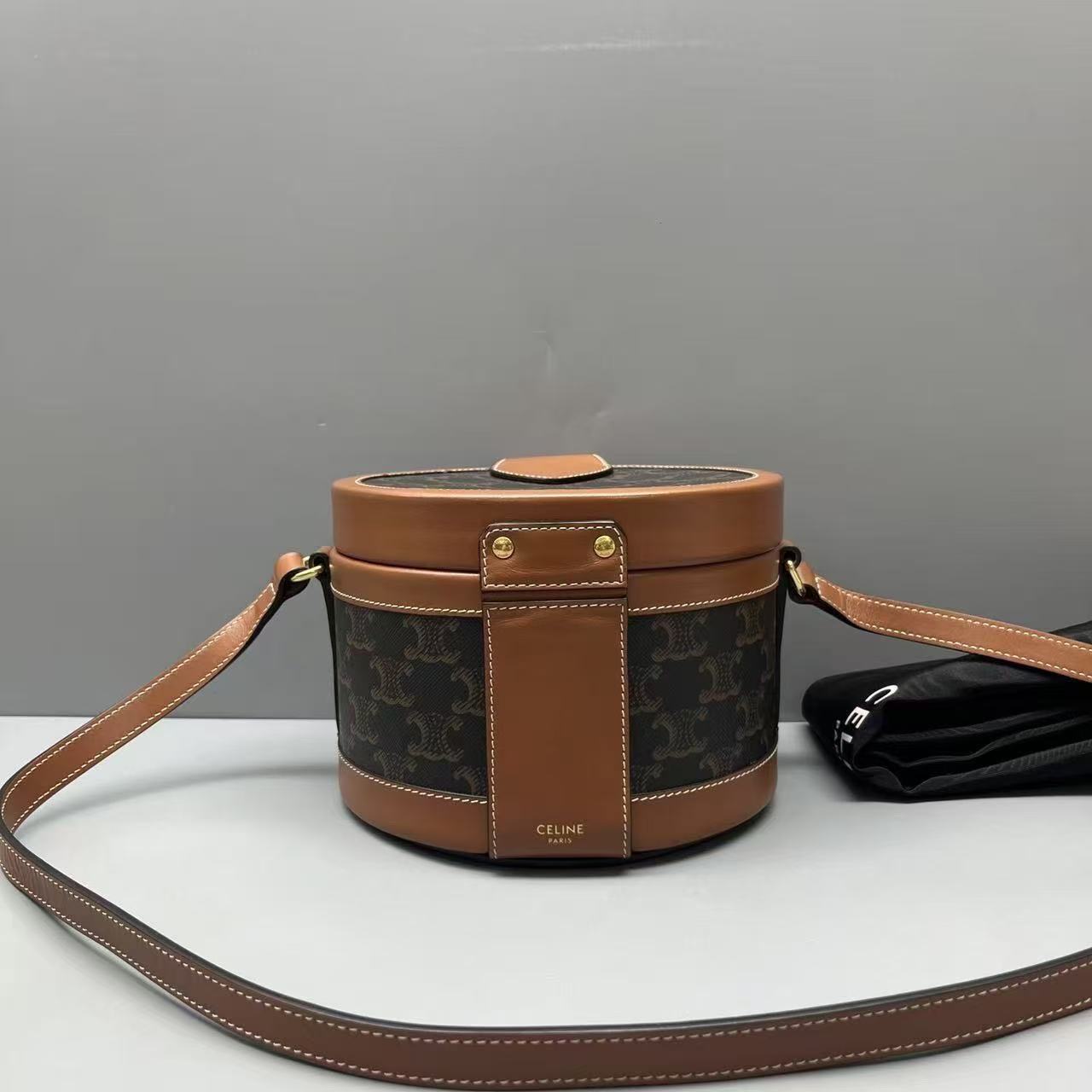 Celine - Triomphe Canvas Round Box Bag - Triomphe canvas and leather - Brown - (medium)