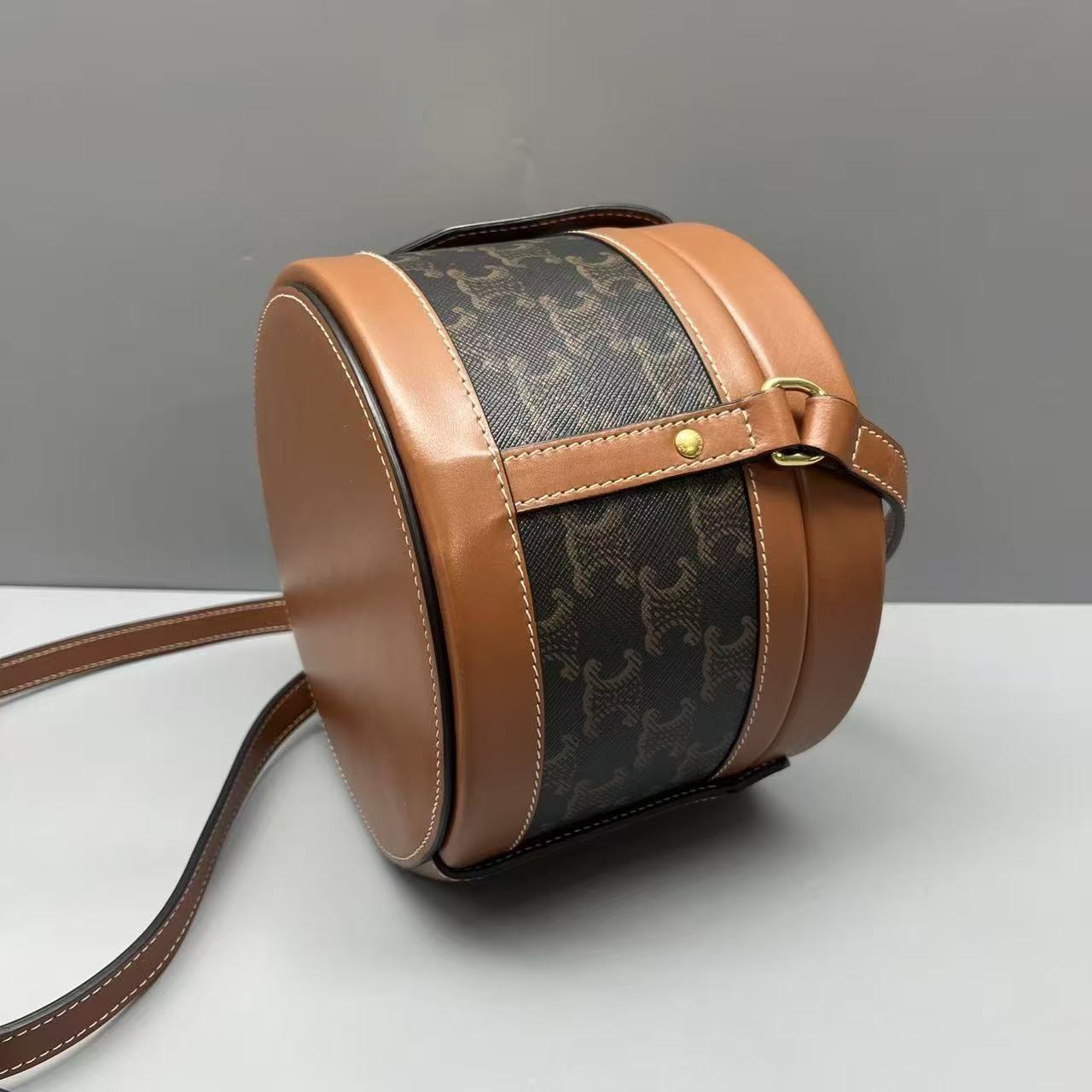 Celine - Triomphe Canvas Round Box Bag - Triomphe canvas and leather - Brown - (medium)