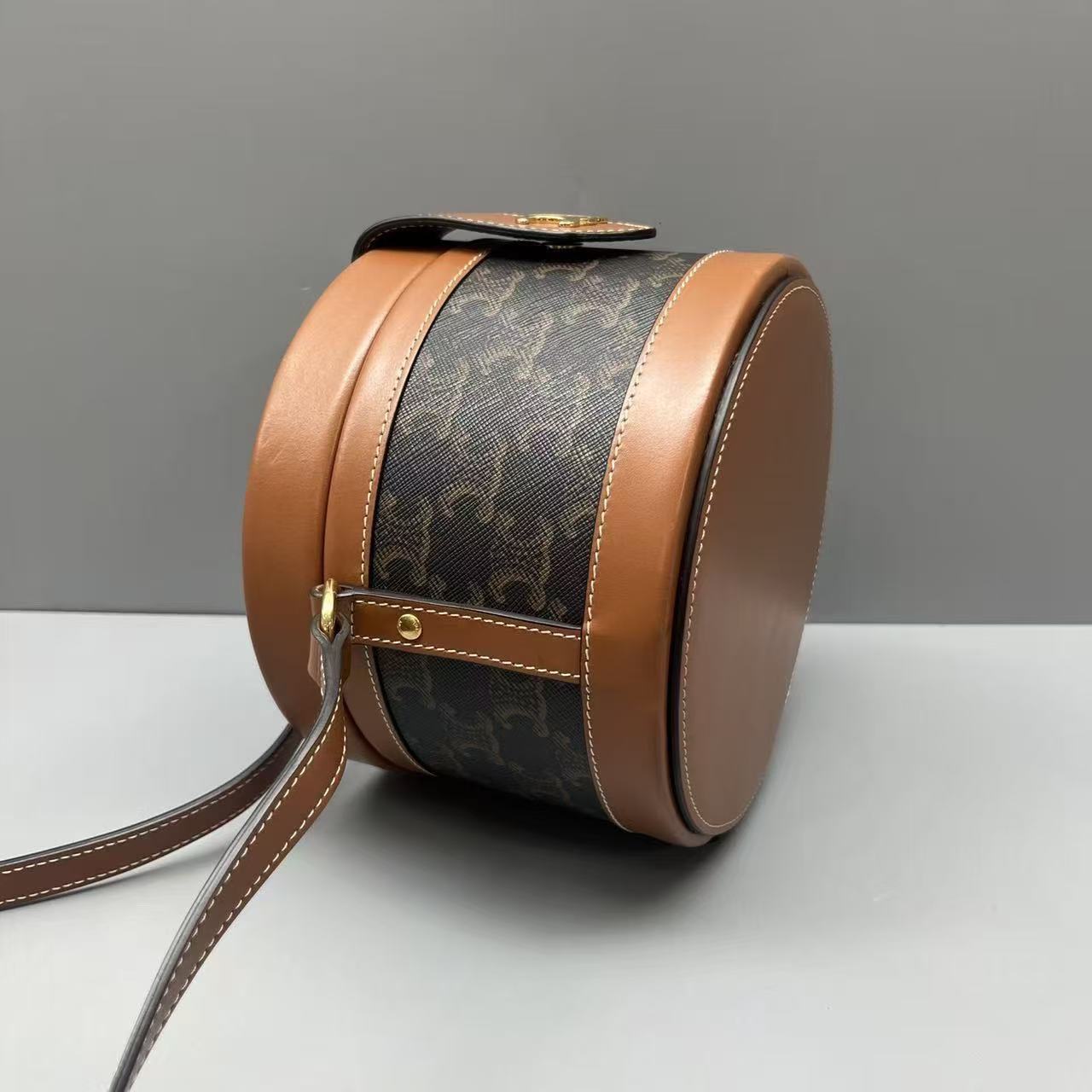 Celine - Triomphe Canvas Round Box Bag - Triomphe canvas and leather - Brown - (medium)