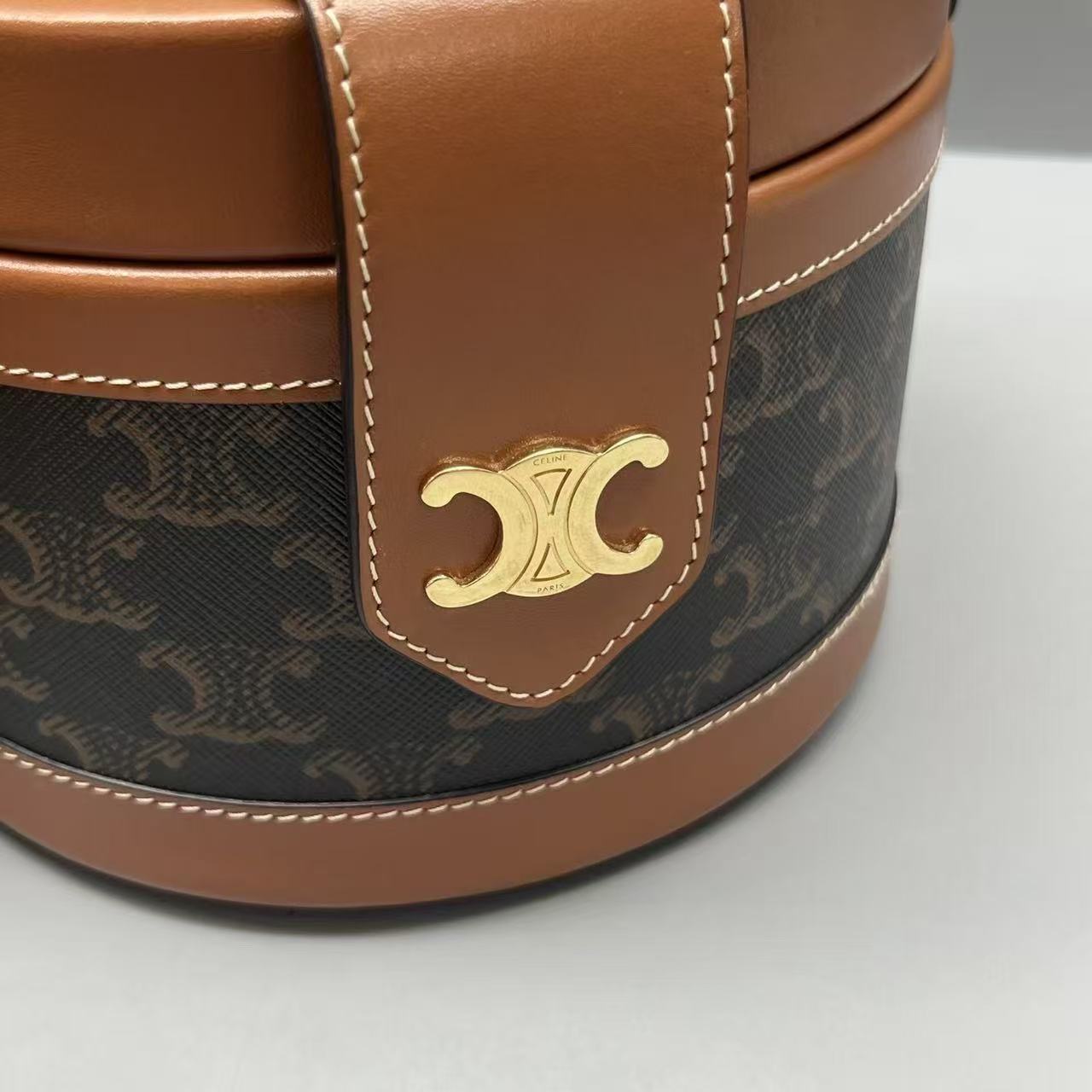 Celine - Triomphe Canvas Round Box Bag - Triomphe canvas and leather - Brown - (medium)