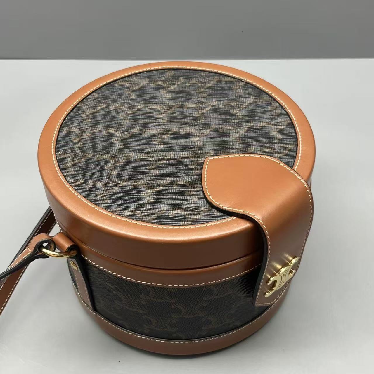 Celine - Triomphe Canvas Round Box Bag - Triomphe canvas and leather - Brown - (medium)