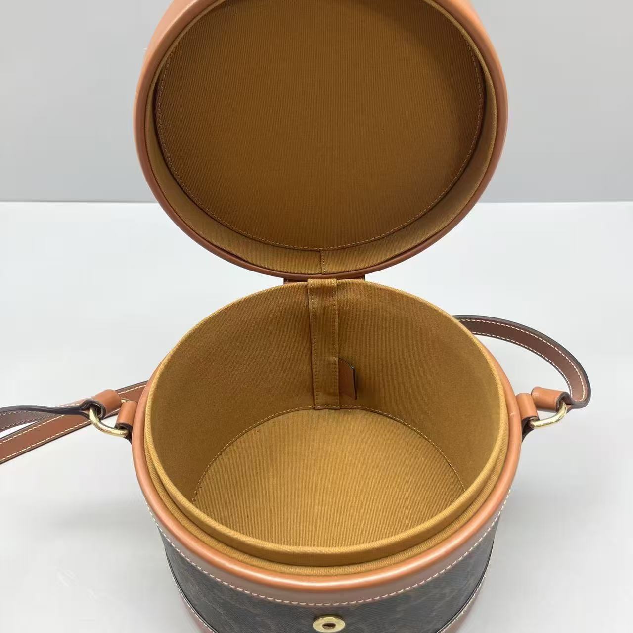 Celine - Triomphe Canvas Round Box Bag - Triomphe canvas and leather - Brown - (medium)