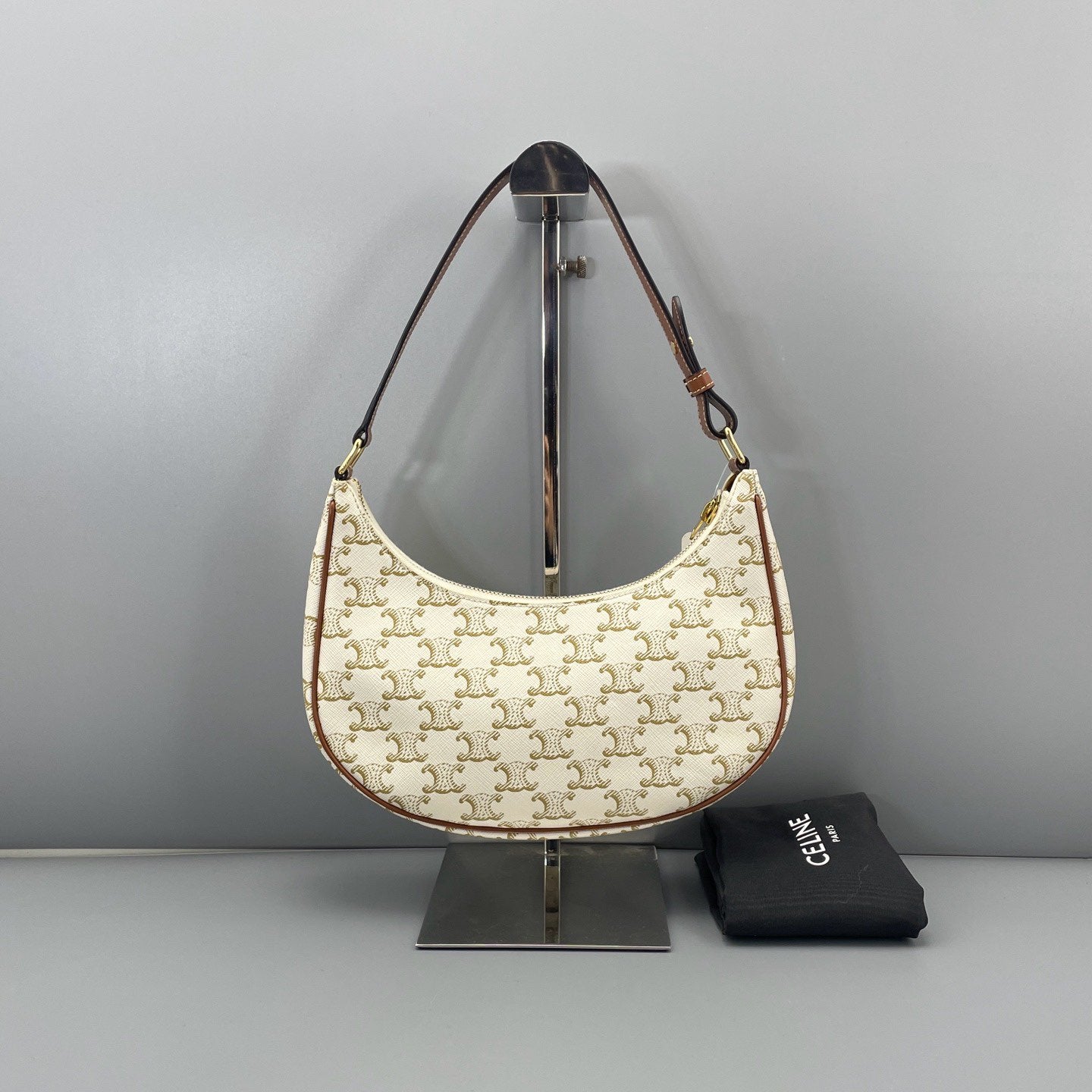 Celine - Triomphe Canvas Shoulder Bag - Coated canvas with leather trim - White with Brown Trim and Gold Monogram - (mini)