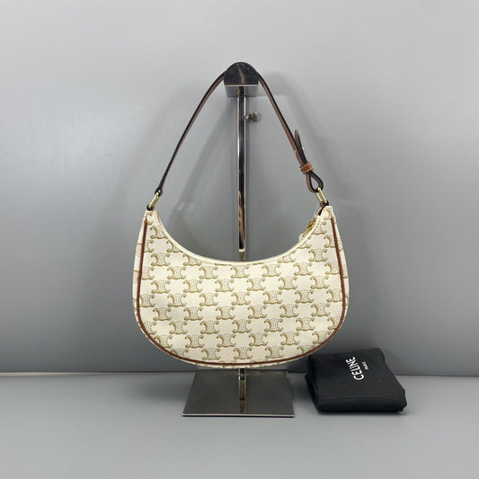 Celine - Triomphe Canvas Shoulder Bag - Coated canvas with leather trim - White with Brown Trim and Gold Monogram - (mini)