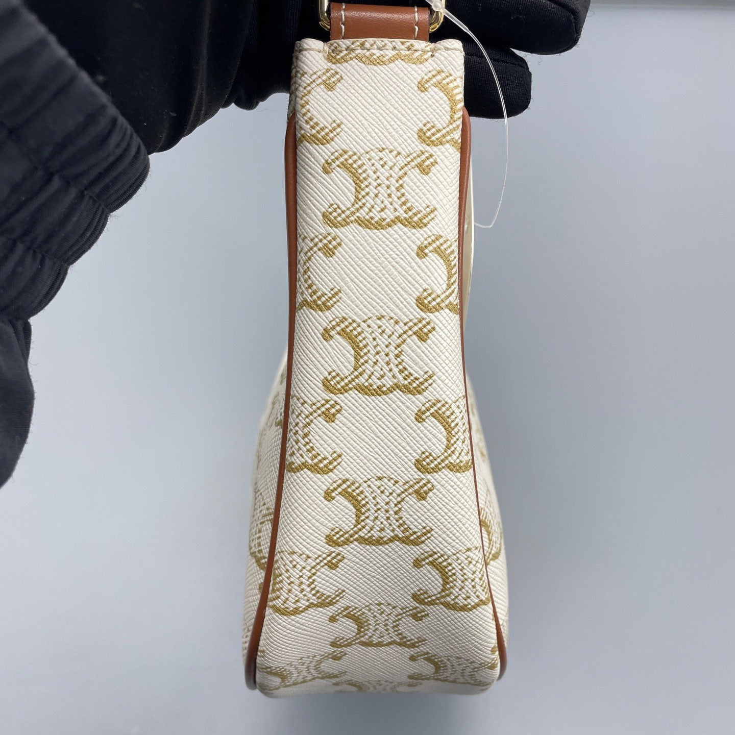 Celine - Triomphe Canvas Shoulder Bag - Coated canvas with leather trim - White with Brown Trim and Gold Monogram - (mini)