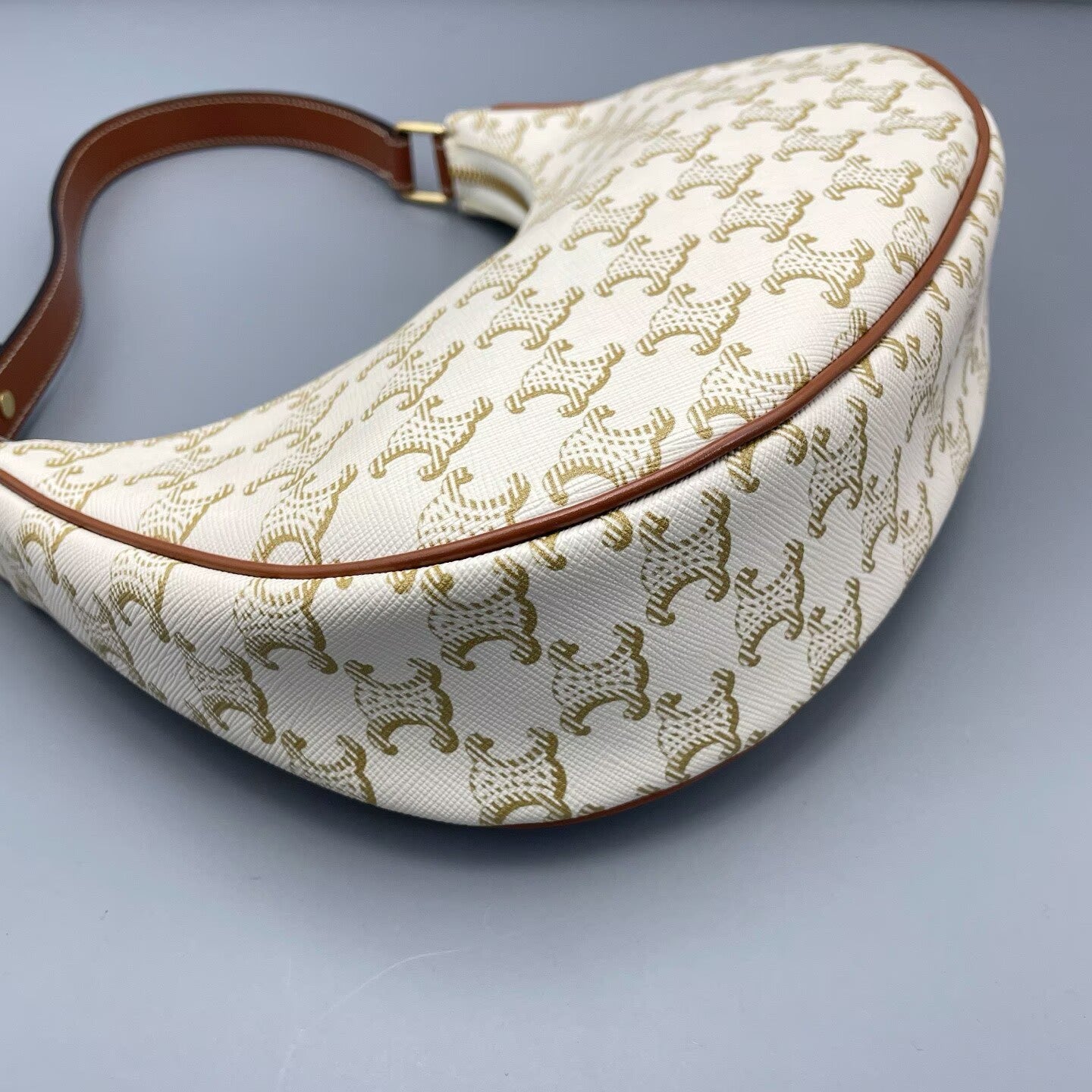 Celine - Triomphe Canvas Shoulder Bag - Coated canvas with leather trim - White with Brown Trim and Gold Monogram - (mini)