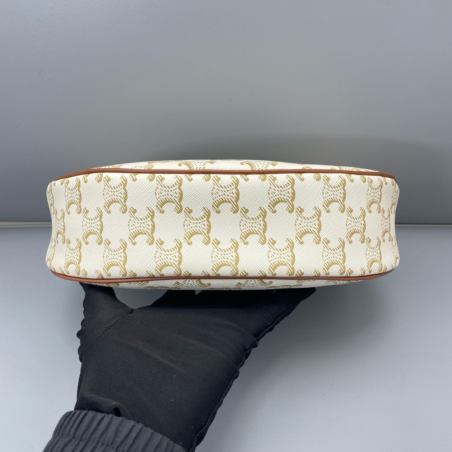 Celine - Triomphe Canvas Shoulder Bag - Coated canvas with leather trim - White with Brown Trim and Gold Monogram - (mini)