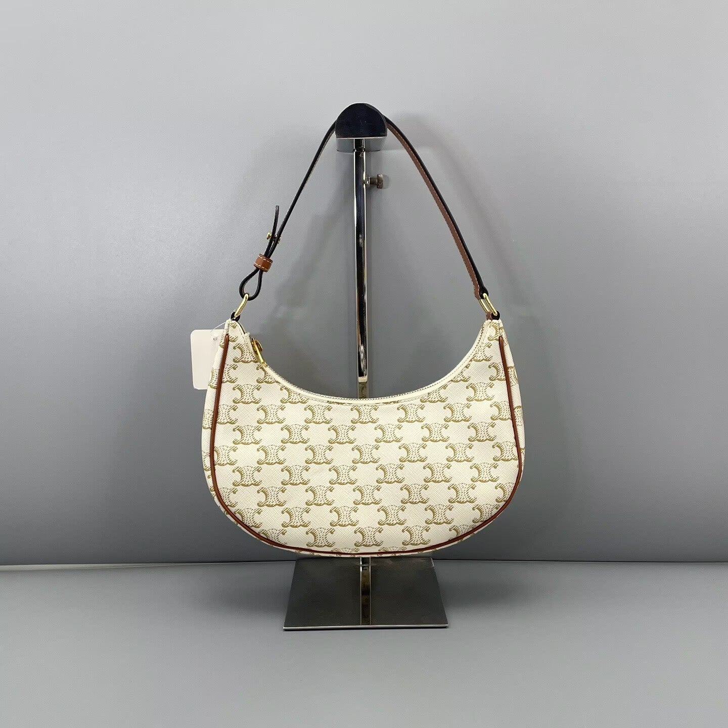 Celine - Triomphe Canvas Shoulder Bag - Coated canvas with leather trim - White with Brown Trim and Gold Monogram - (mini)