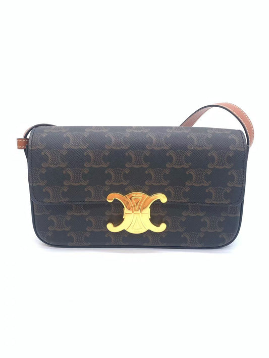 Celine - Triomphe Canvas Shoulder Bag - Triomphe Canvas with calfskin leather trim, lambskin lining - Dark Brown with Tan Trim and Gold-Tone Hardware - (mini)