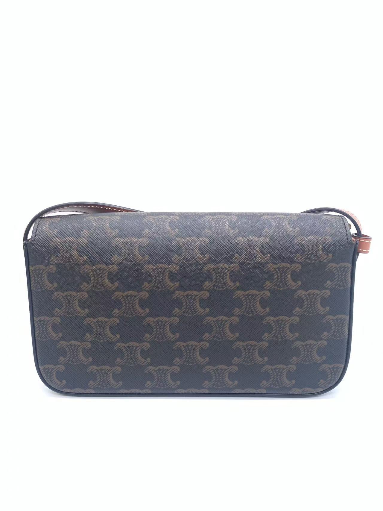 Celine - Triomphe Canvas Shoulder Bag - Triomphe Canvas with calfskin leather trim, lambskin lining - Dark Brown with Tan Trim and Gold-Tone Hardware - (mini)