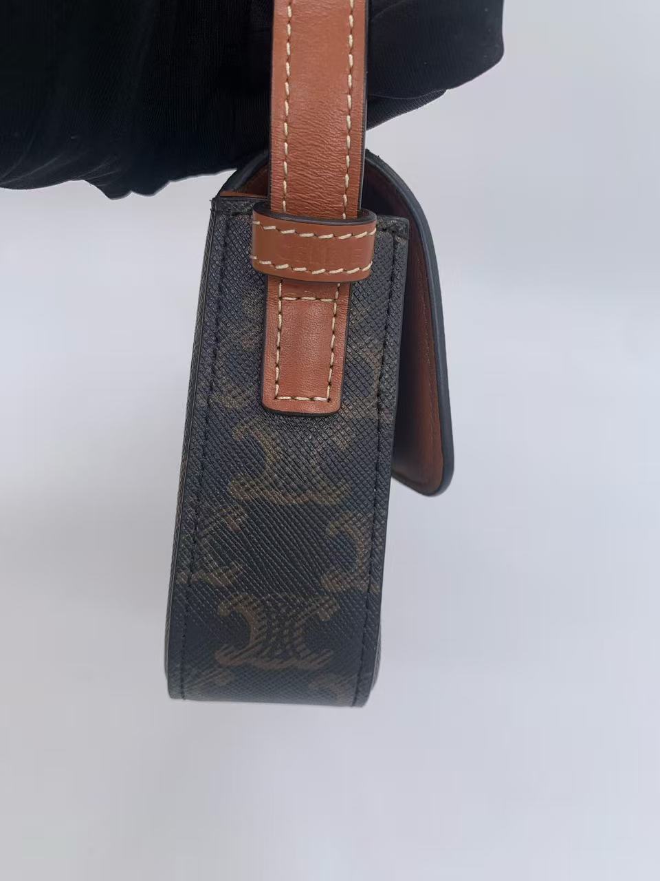Celine - Triomphe Canvas Shoulder Bag - Triomphe Canvas with calfskin leather trim, lambskin lining - Dark Brown with Tan Trim and Gold-Tone Hardware - (mini)