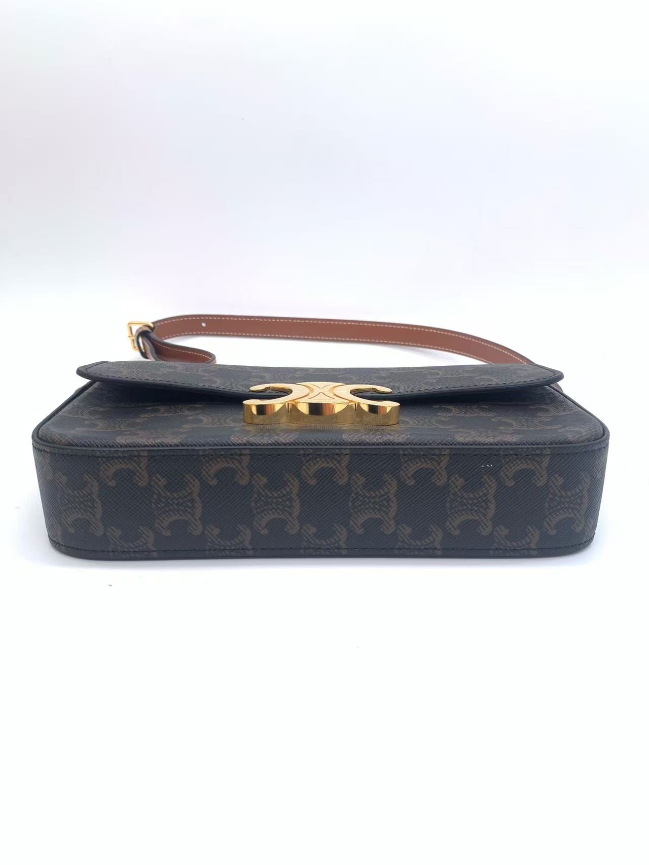 Celine - Triomphe Canvas Shoulder Bag - Triomphe Canvas with calfskin leather trim, lambskin lining - Dark Brown with Tan Trim and Gold-Tone Hardware - (mini)