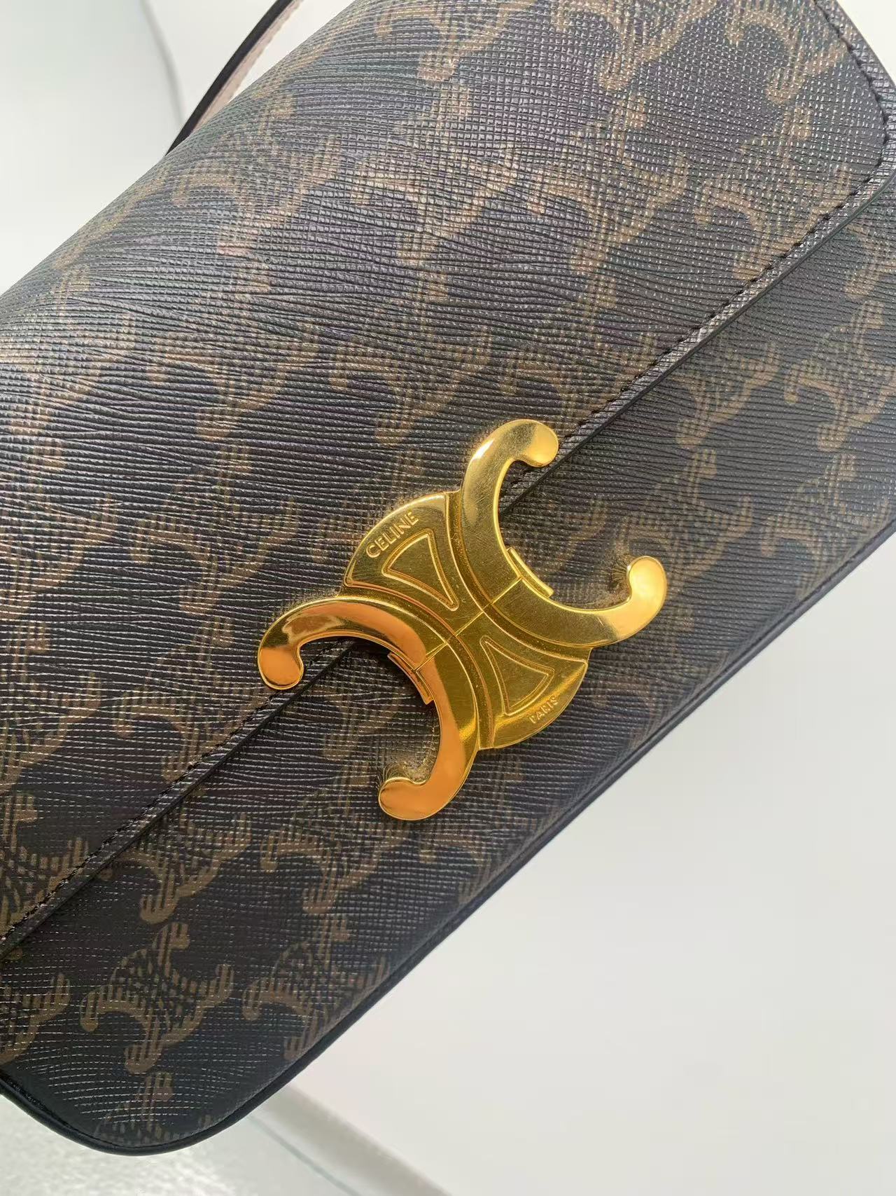 Celine - Triomphe Canvas Shoulder Bag - Triomphe Canvas with calfskin leather trim, lambskin lining - Dark Brown with Tan Trim and Gold-Tone Hardware - (mini)