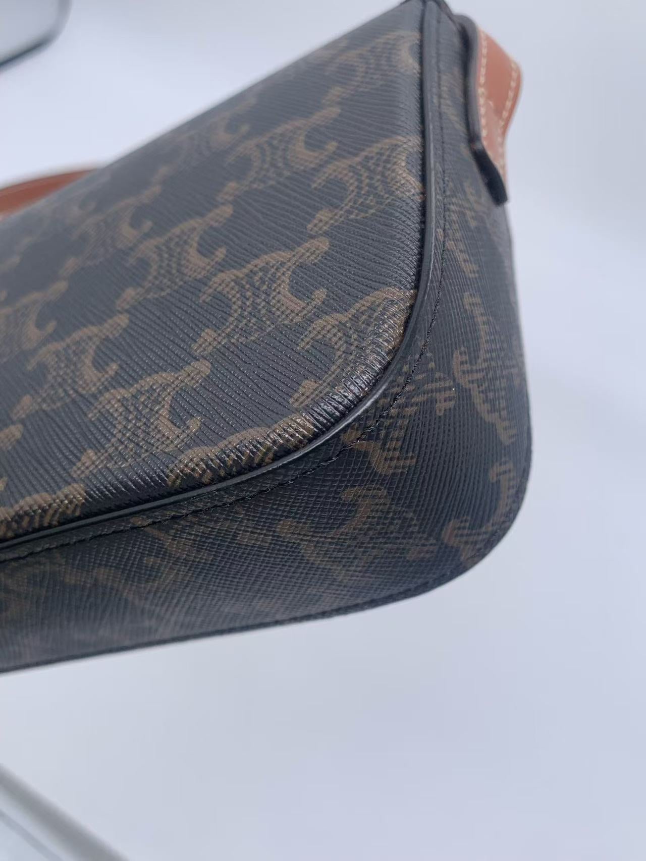 Celine - Triomphe Canvas Shoulder Bag - Triomphe Canvas with calfskin leather trim, lambskin lining - Dark Brown with Tan Trim and Gold-Tone Hardware - (mini)