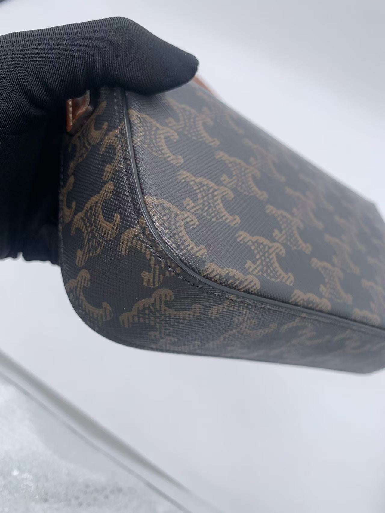 Celine - Triomphe Canvas Shoulder Bag - Triomphe Canvas with calfskin leather trim, lambskin lining - Dark Brown with Tan Trim and Gold-Tone Hardware - (mini)