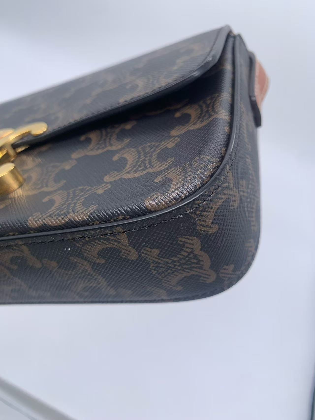 Celine - Triomphe Canvas Shoulder Bag - Triomphe Canvas with calfskin leather trim, lambskin lining - Dark Brown with Tan Trim and Gold-Tone Hardware - (mini)