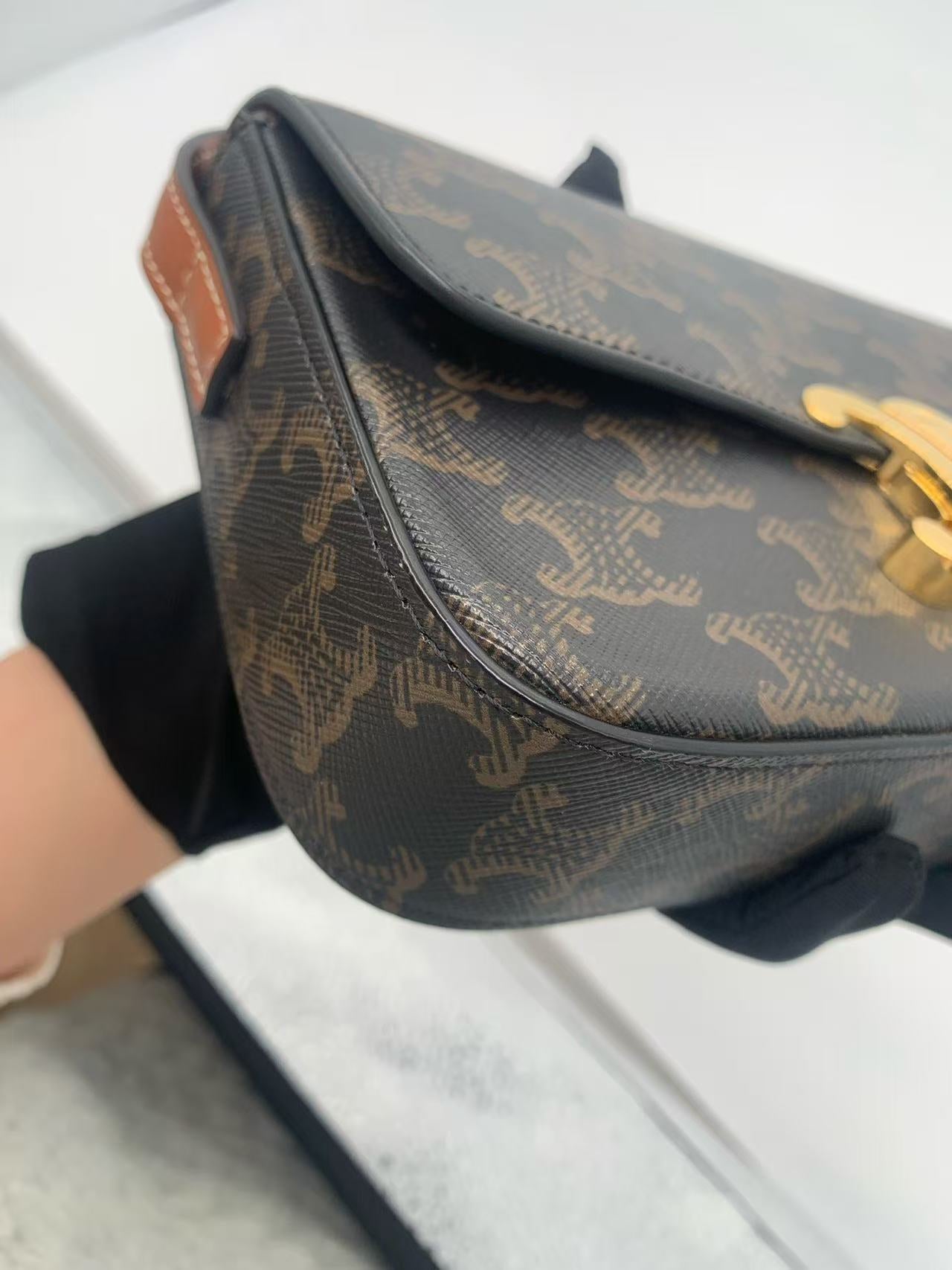 Celine - Triomphe Canvas Shoulder Bag - Triomphe Canvas with calfskin leather trim, lambskin lining - Dark Brown with Tan Trim and Gold-Tone Hardware - (mini)
