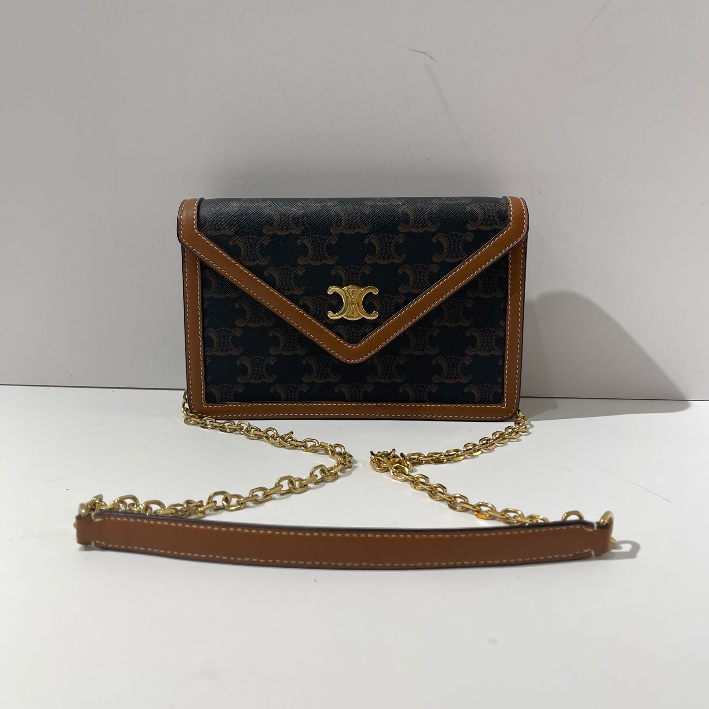 Celine - Triomphe Envelope Chain Bag - Coated canvas with leather trim - Brown with Tan Accents and Gold-Tone Hardware - (mini)