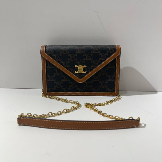 Celine - Triomphe Envelope Chain Bag - Coated canvas with leather trim - Brown with Tan Accents and Gold-Tone Hardware - (mini)