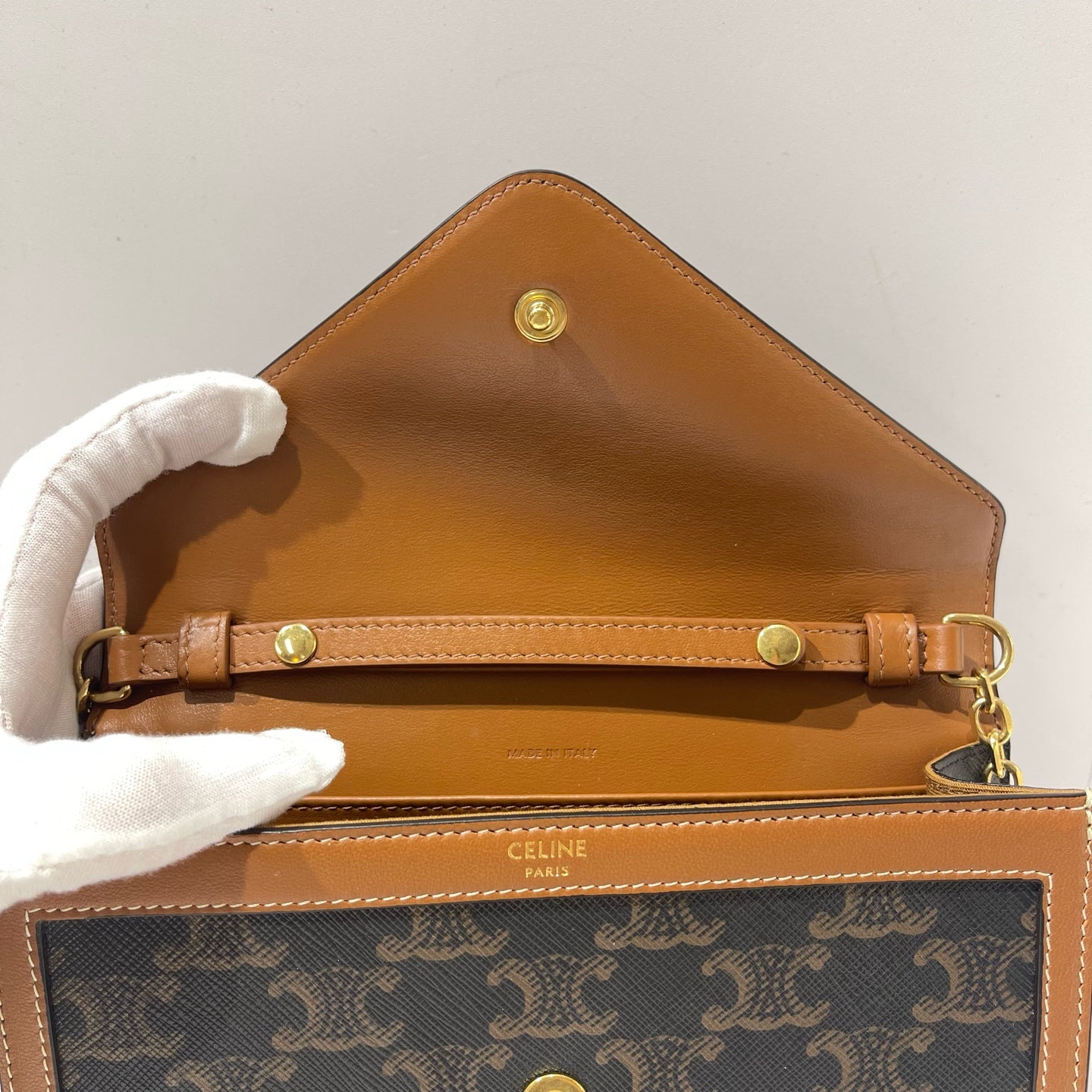 Celine - Triomphe Envelope Chain Bag - Coated canvas with leather trim - Brown with Tan Accents and Gold-Tone Hardware - (mini)