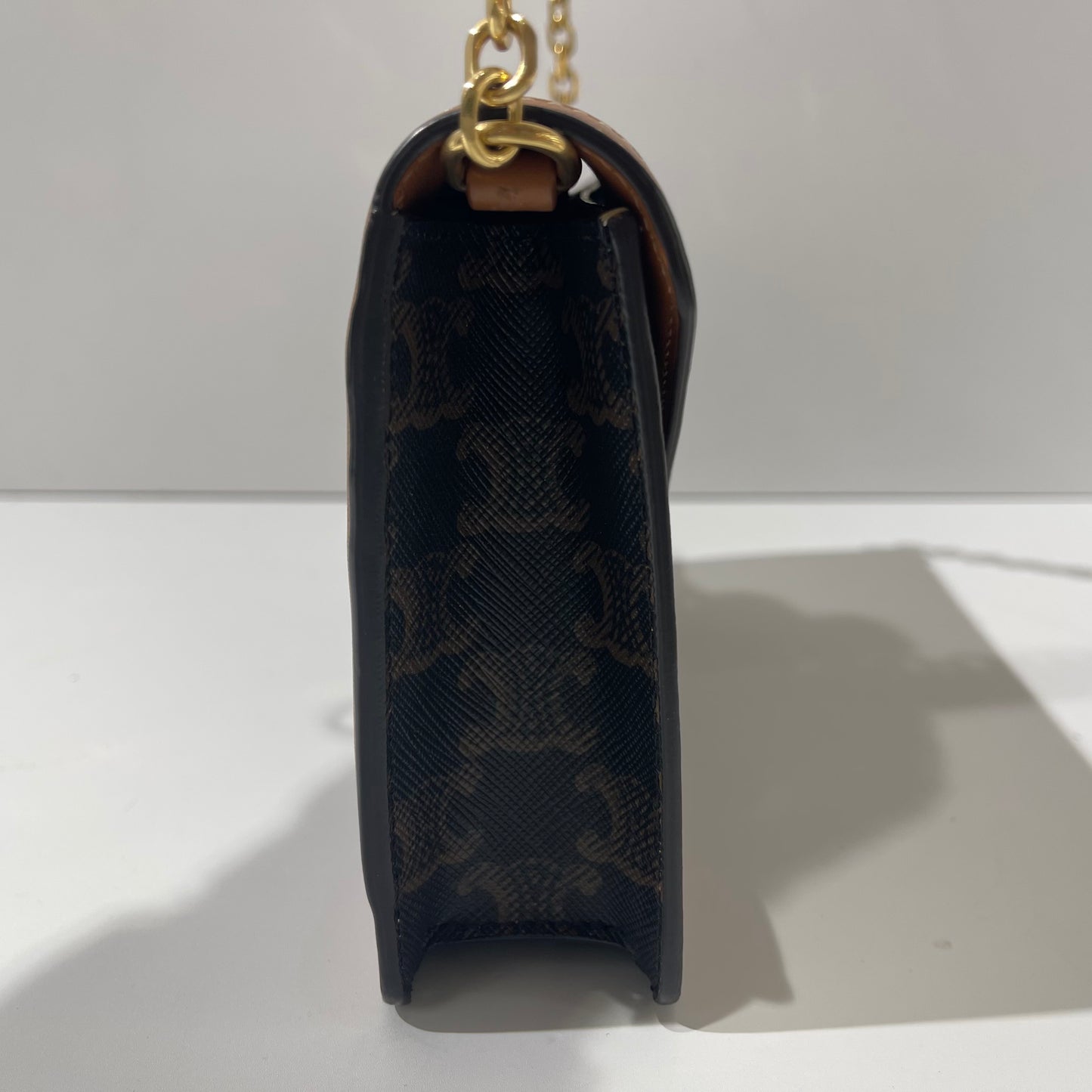 Celine - Triomphe Envelope Chain Bag - Coated canvas with leather trim - Brown with Tan Accents and Gold-Tone Hardware - (mini)