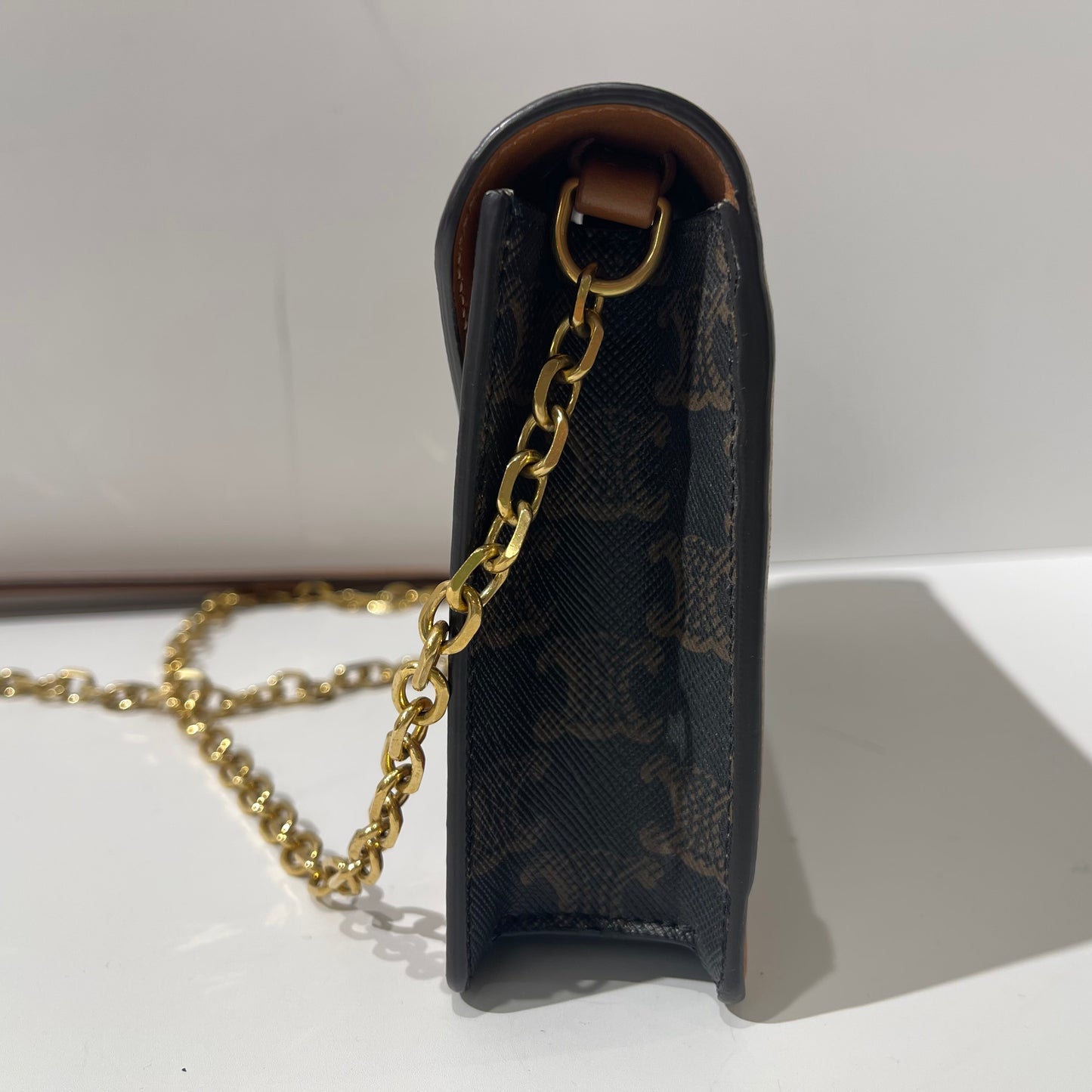 Celine - Triomphe Envelope Chain Bag - Coated canvas with leather trim - Brown with Tan Accents and Gold-Tone Hardware - (mini)