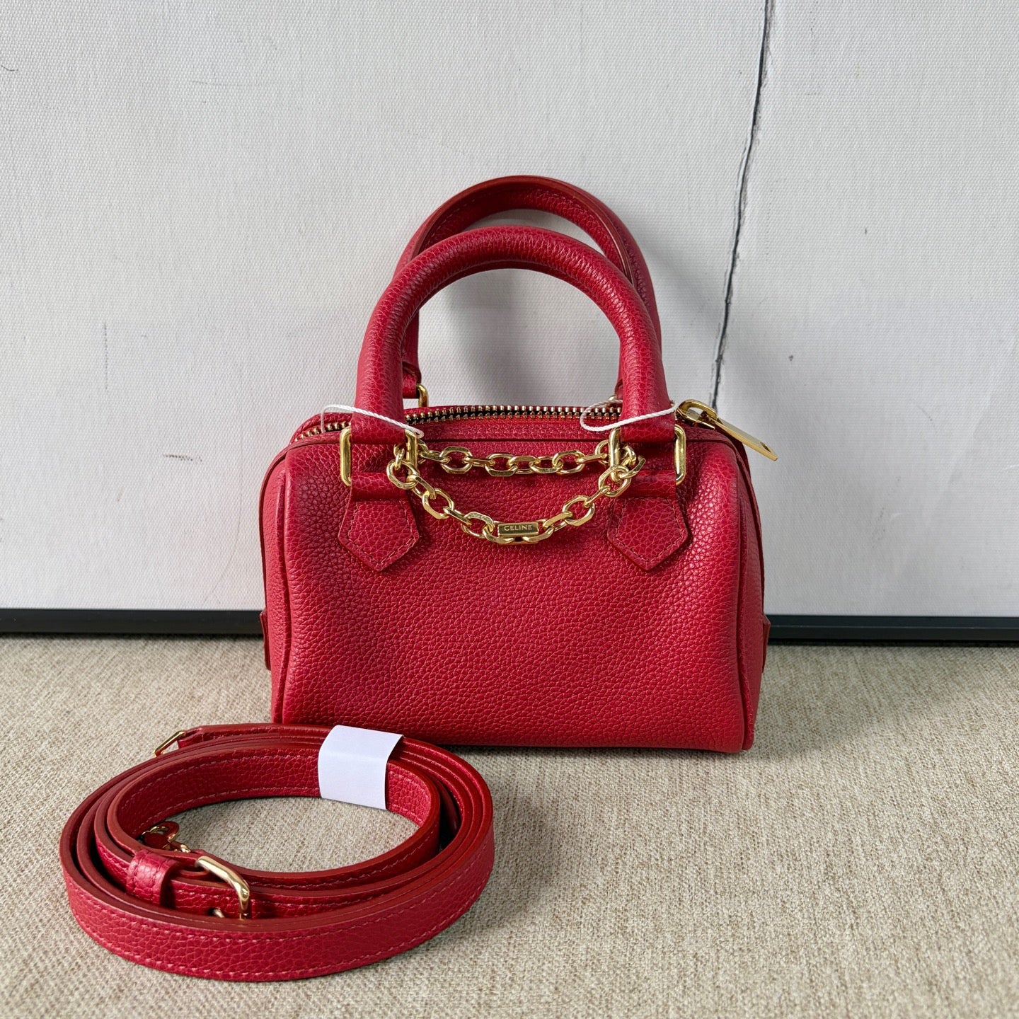Celine - Triomphe Mini Boston Bag - Grained leather - Red - (mini)
