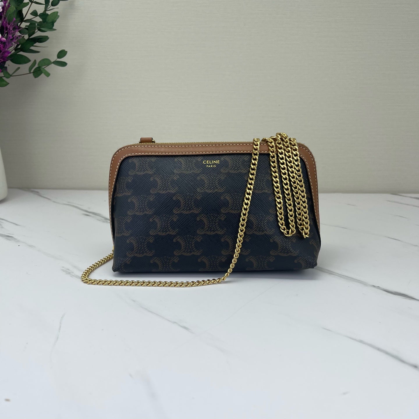 Celine - Triomphe Pouch with Chain - Triomphe coated canvas with leather trim - Brown with Tan Trim - (Mini)