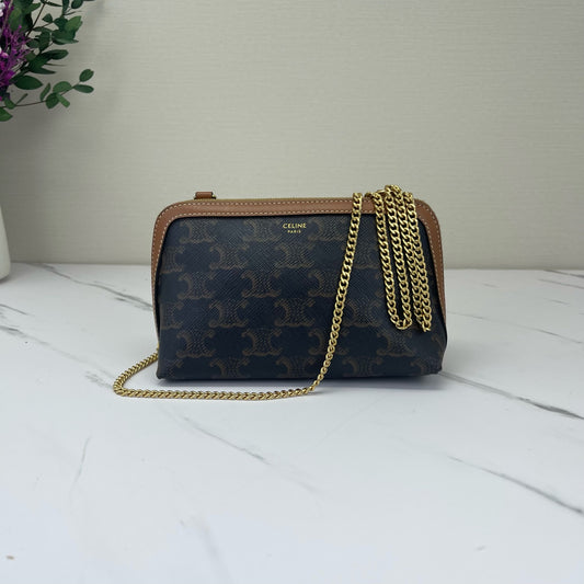 Celine - Triomphe Pouch with Chain - Triomphe coated canvas with leather trim - Brown with Tan Trim - (Mini)